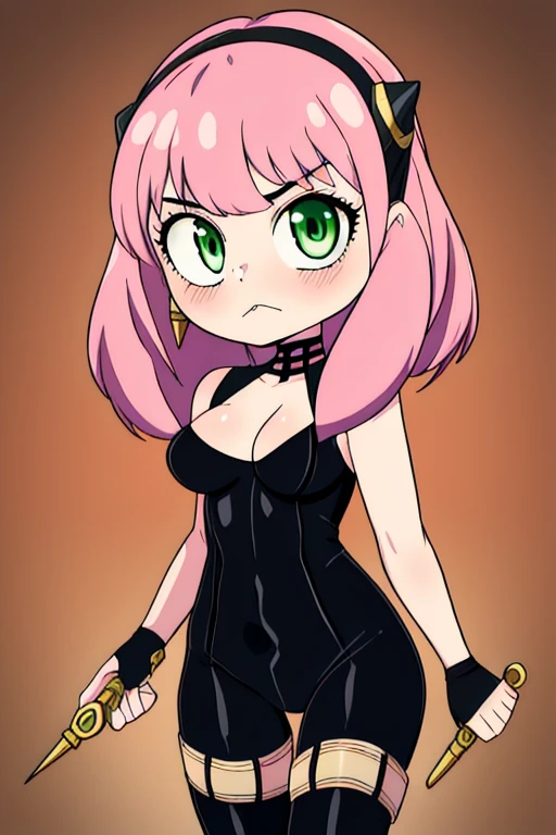 1girl, solo, masterpiece, best quality, combination of Anya Forger and Yor Forger, pink hair, green eyes, intricate details of Yor Forgers face, mature female, matured face, silver earrings, looking at viewer, long hair with long locks, sidelocks, hair ornament, hairband, medium breasts, tight black bodysuit, cleavage, silver utility belt, black fingerless gloves, black thigh boots, standing, she's looking directly at the viewer with a (fierce, dangerous and alluring) gaze. Her gaze is both alluring and fierce, as she holds the dagger with a delicate yet deadly grip. (Best Quality, Amazing Detail:1.25)