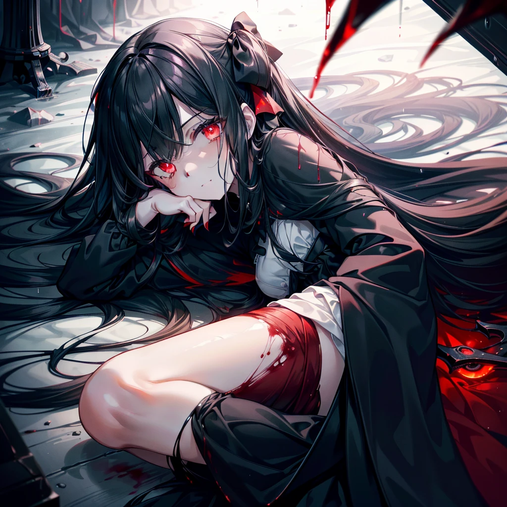 1 girl ,lying , (full body),cinematic lighting , cinematic angle,Dutch angle , ((blood rain)) ,(Faintly emerge from the darkness) , (rape face) ,black long straight hair, hair ribbon , red eyes,black dress, (glowing eyes), horror ,((masterpiece)), ((best quality)), ((ultra-detailed)), (illustration), ((an extremely delicate and beautiful))