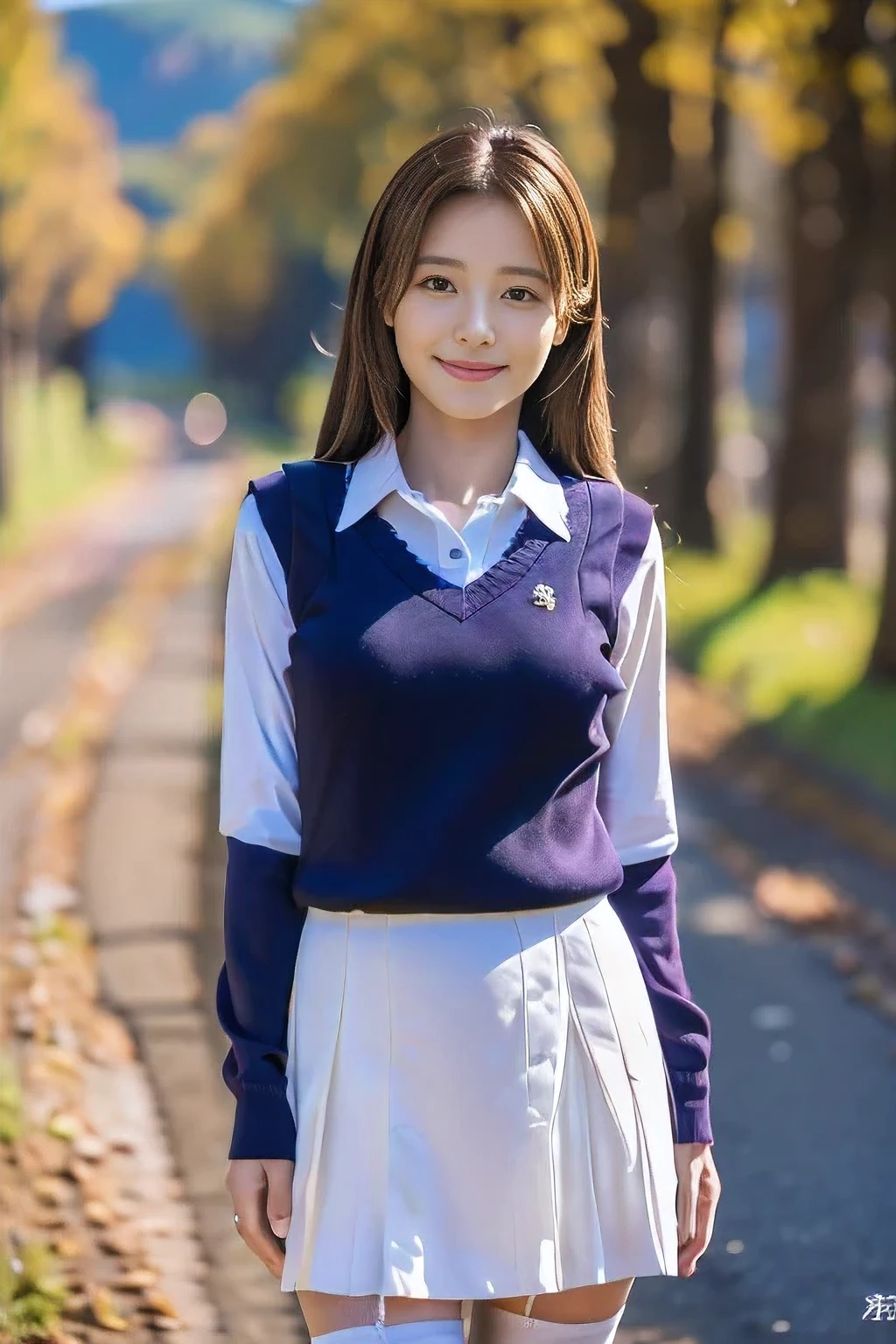 (highest quality、Tabletop、8k、Best image quality、Award-winning works)、1. Beautiful 、(Polyester collared long sleeve shirt:1.1)、(Red ribbon on the chest:1.1)、(Navy Pleated Skirt:1.1)、(Standing Elegantly:1.1)、(Full body photo from head to foot:1.5)、(Long legs:1.3)、(Long legs:1.3)、The most detailed and perfect face、Brown Hair、blonde、Long Wavy Hair、(Very long stockings:1.2)、Big Breasts、Accentuate your body lines、Look at me with your best smile、Rural mountain surrounded by strongly blurred nature々Background of a narrow school road、Brightly lit face、Ultra-high definition beauty face、Ultra high resolution perfect beautiful teeth、Ultra HD Hair、(Beautiful skin that stands out in ultra-high resolution:1.1)、Ultra-high quality glossy lips、(very bright and vivid:1.1)、(Accurate anatomy:1.1)