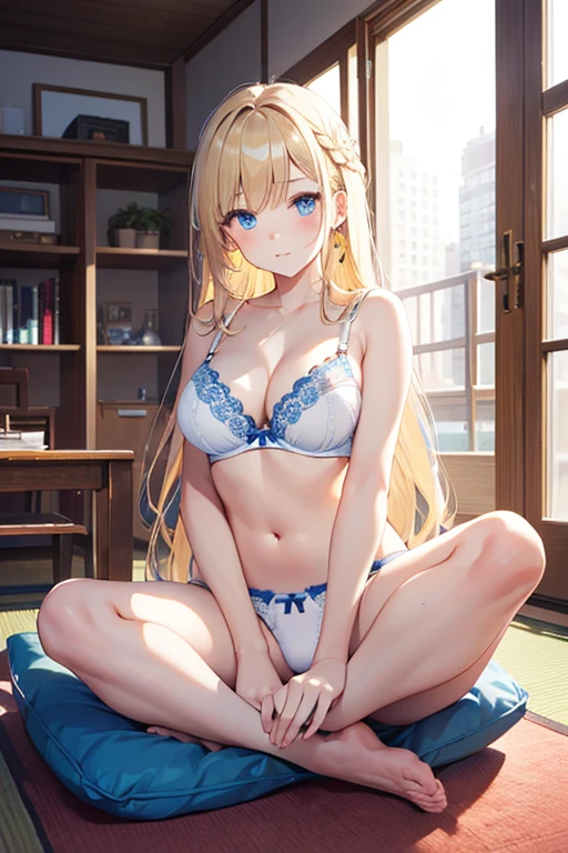 masterpiece, highest quality, High resolution, 、blue eyes、
blonde, Braiding、Long Hair、White bra、White panties、Japanese-style room、futon、Sitting cross-legged、Stand up straight