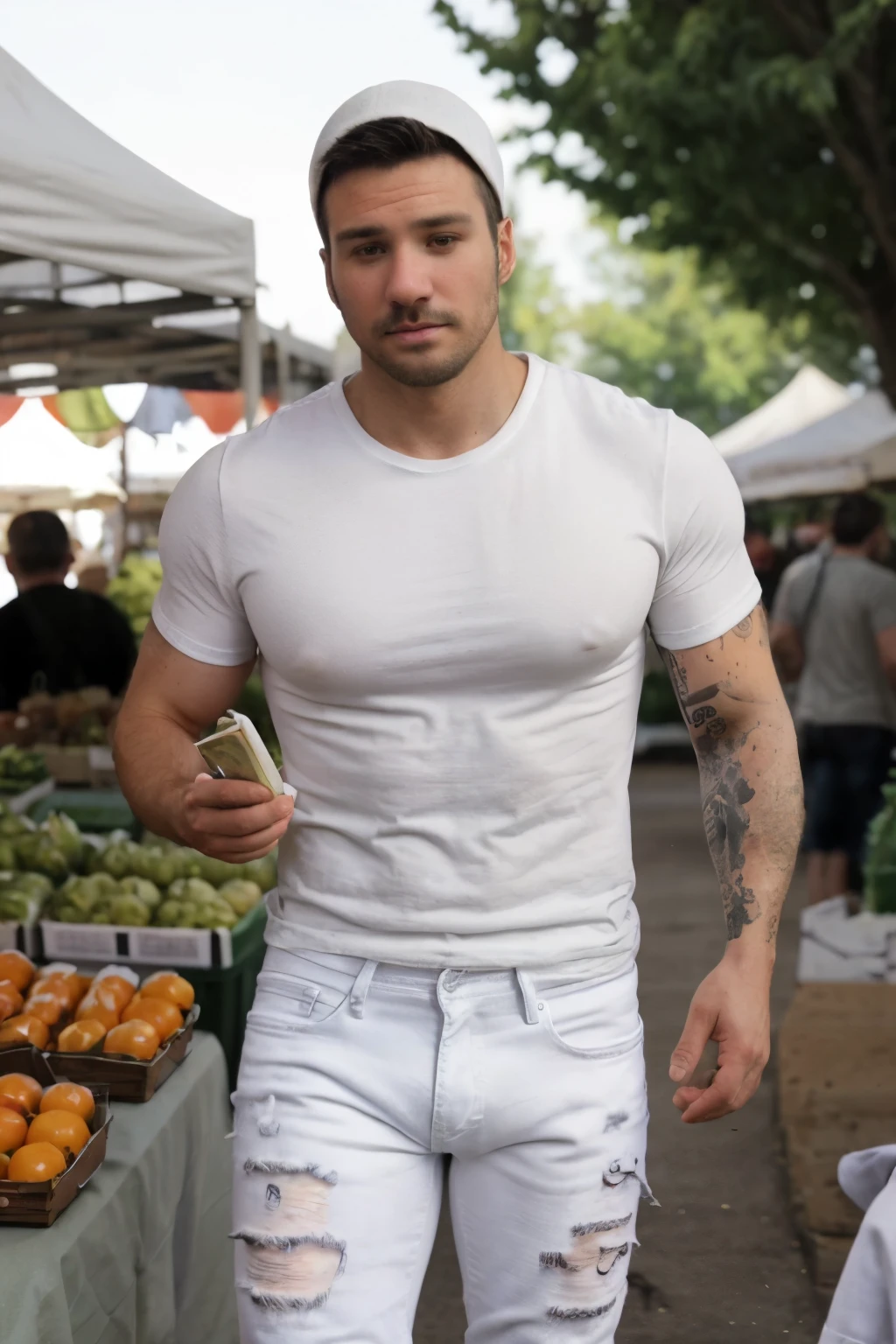 JordanBrandt, 35yo, wearing a t-shirt and White jeans, at the farmers market,