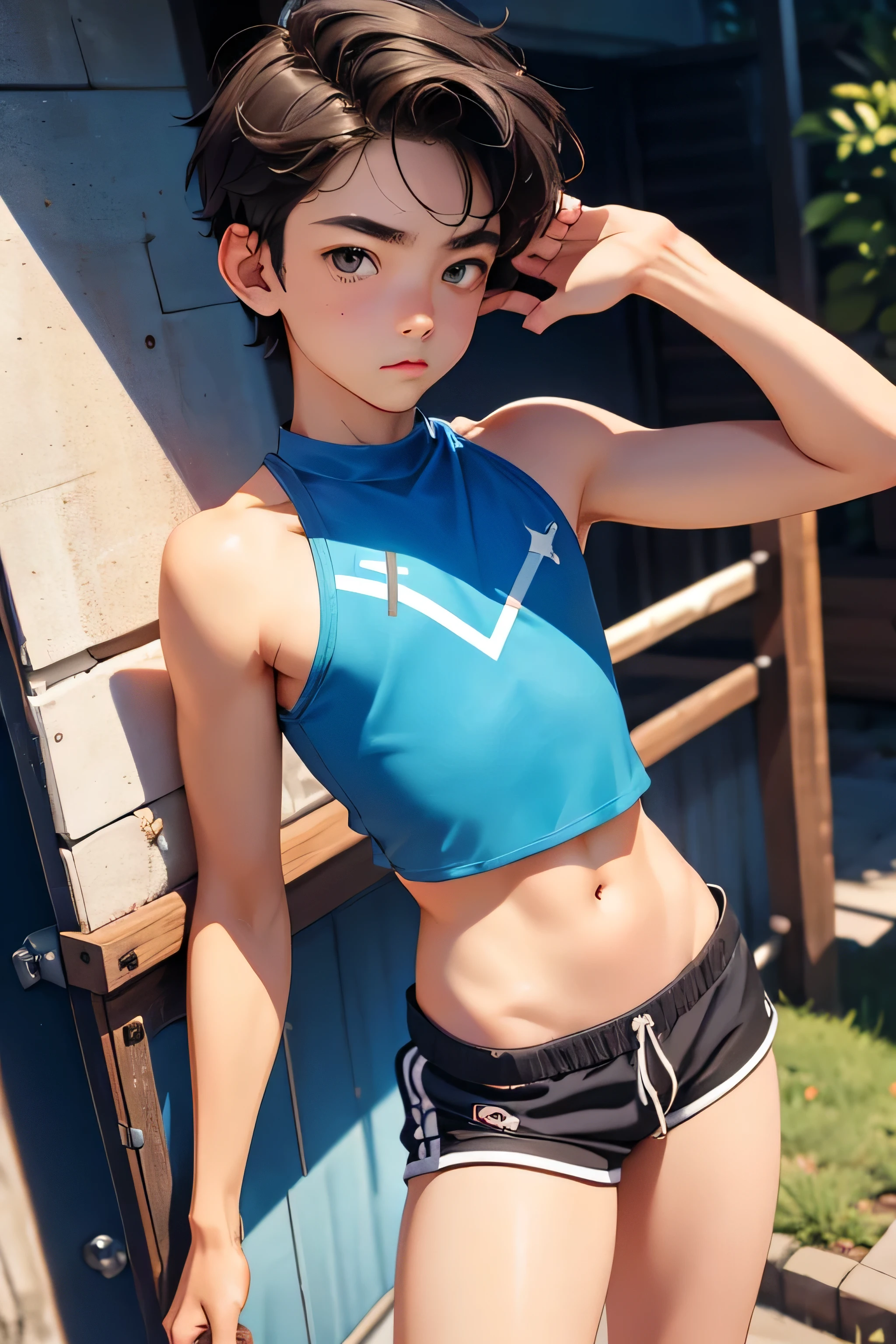 , boy wears a crop top and too very short shorts,