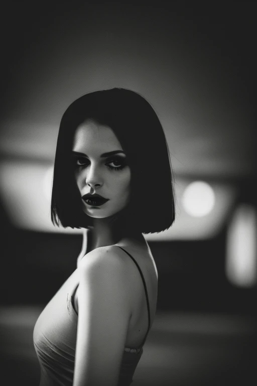woman in a dark and morbid photo in the style of Matt Mahurin, shallow depth of field, photography style, bokeh, realism, good proportions
