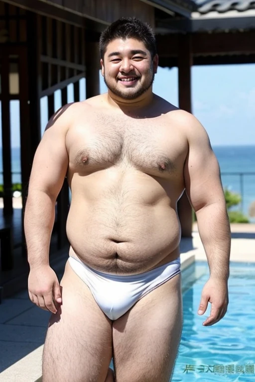 ((highest quality)), ((masterpiece)), (detailed), Perfect Face、Shaved head、Young Japanese、Muscular、Fat body、Big guy、smile、white small swimsuit、Emphasize the chest、Thick legs、Thick arms