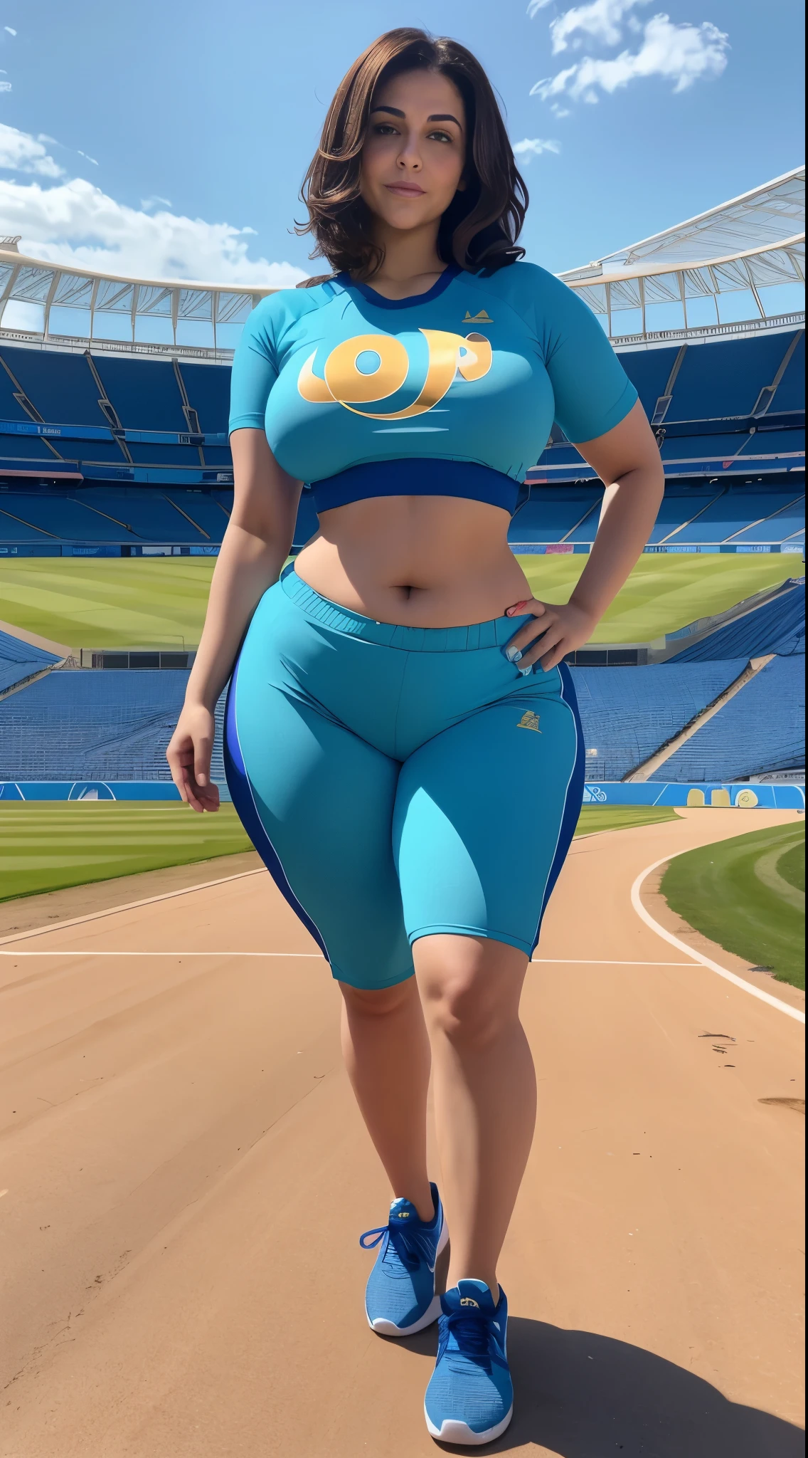 30 age Arabic Woman in stadion, curvy body, very detail ,wide hips, loong legs ,thick high, full body in camera, wearing Sports shoes, Wearing jogging shorts clothes and a small pale blue crop top