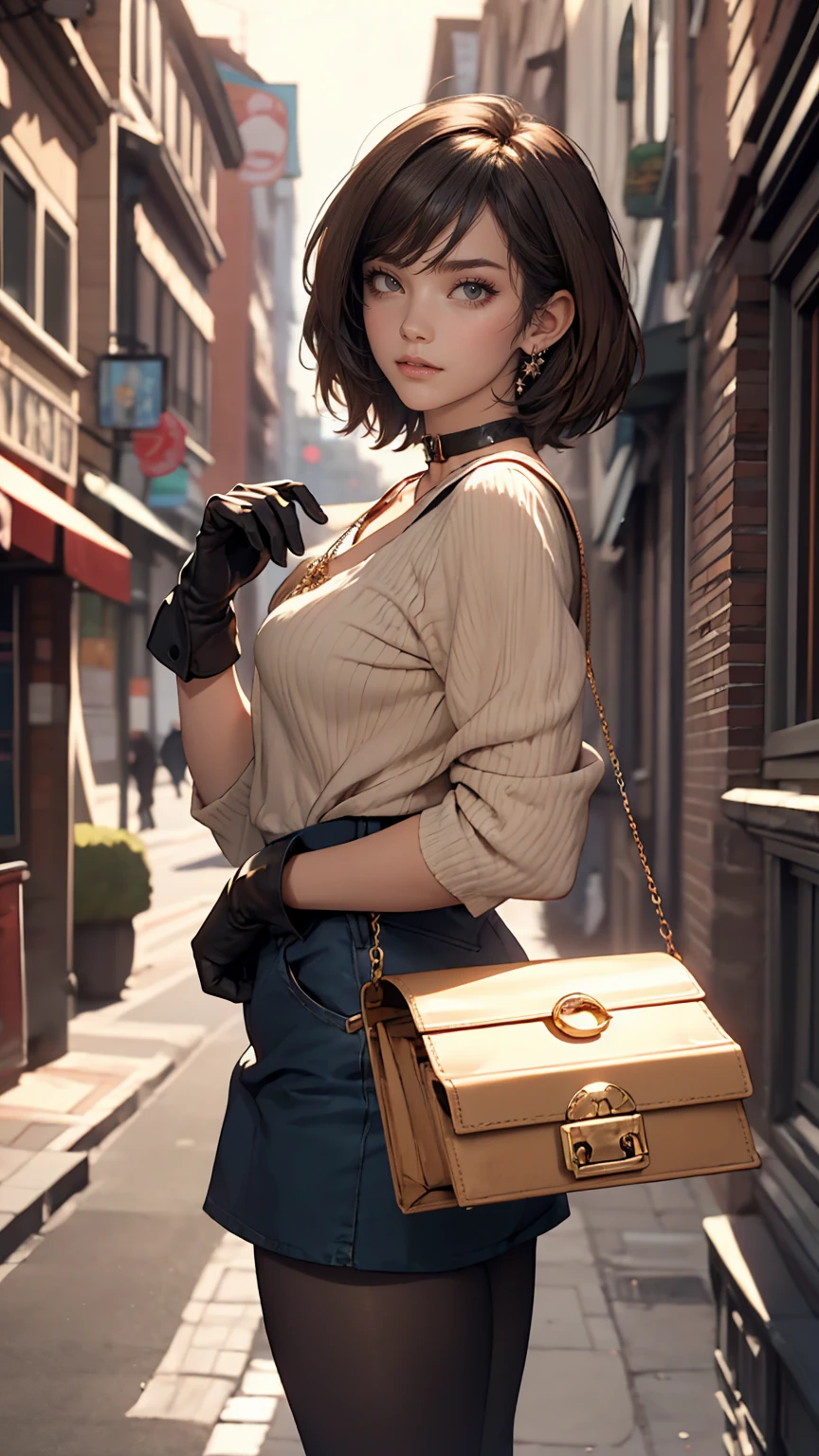 One girl, anime_Coloring, black_eye, black_gloves, Brown_hair, choker, Earrings, gloves, jewelry, Letterbox, Parody, short_hair, smile, alone, style_Parody,