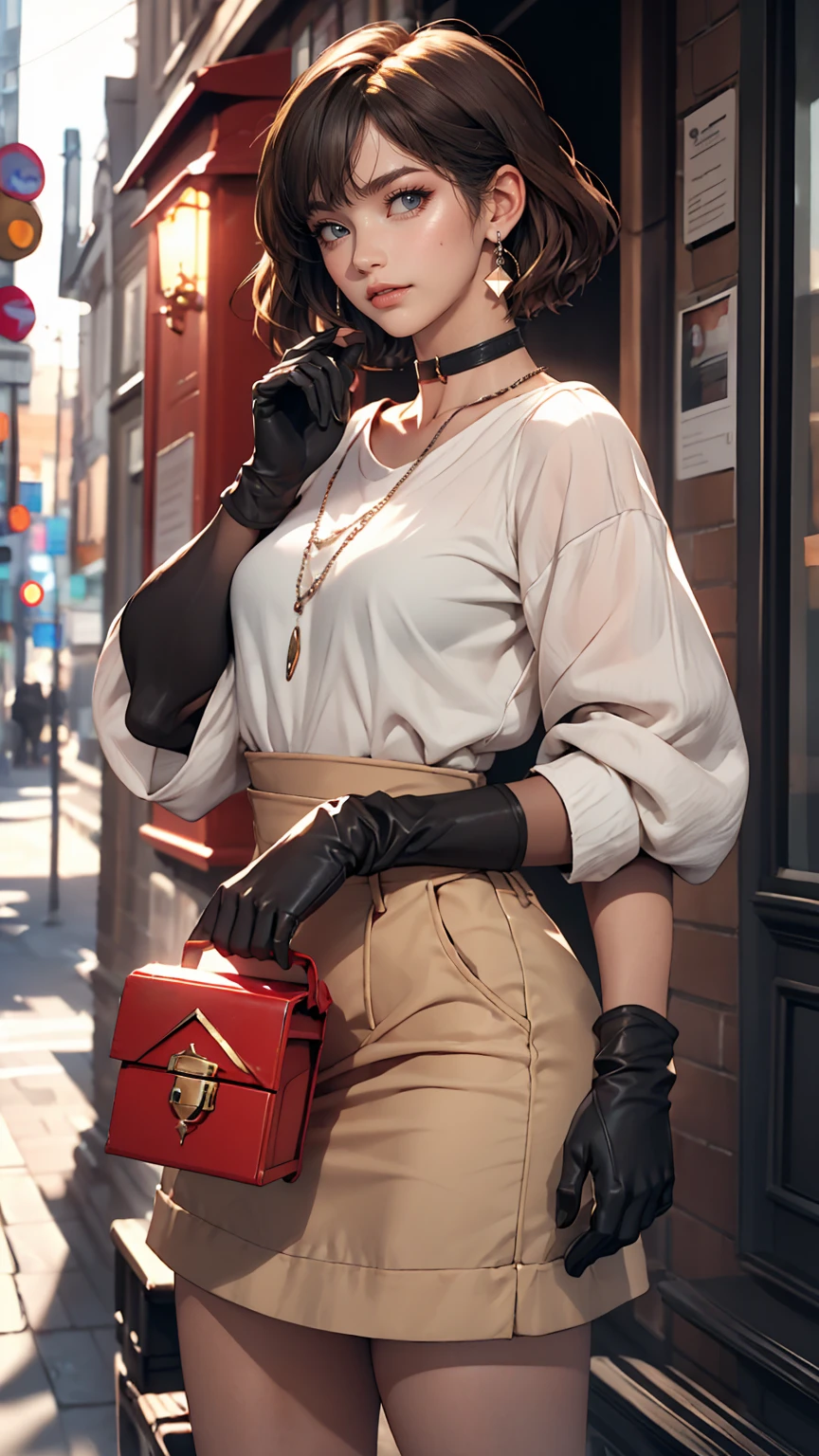 One girl, anime_Coloring, black_eye, black_gloves, Brown_hair, choker, Earrings, gloves, jewelry, Letterbox, Parody, short_hair, smile, alone, style_Parody,  