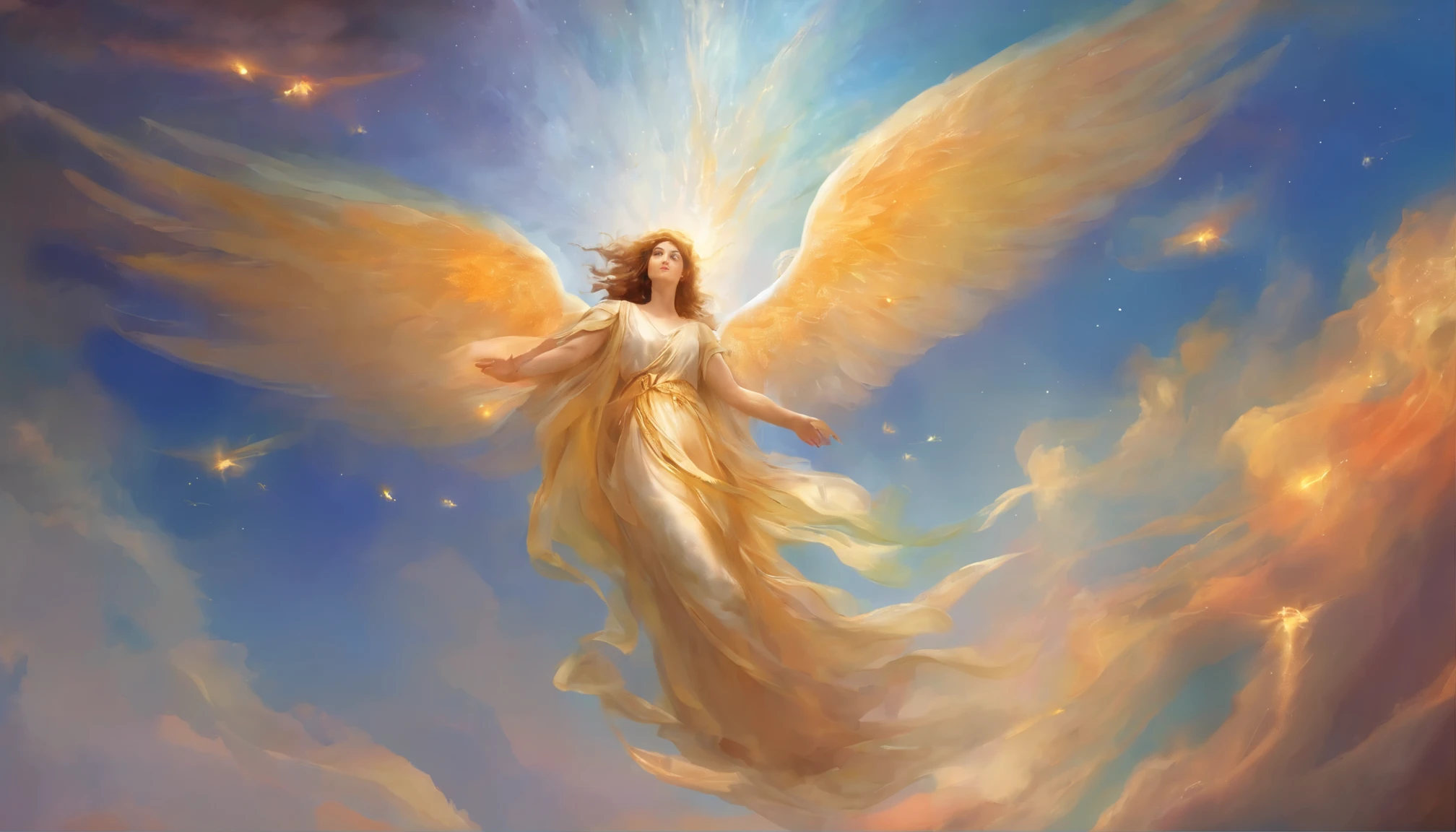 Angels descending from the sky, (Correct Face 1.5), A breathtaking masterpiece, Bright colors, Caravaggio, 8k