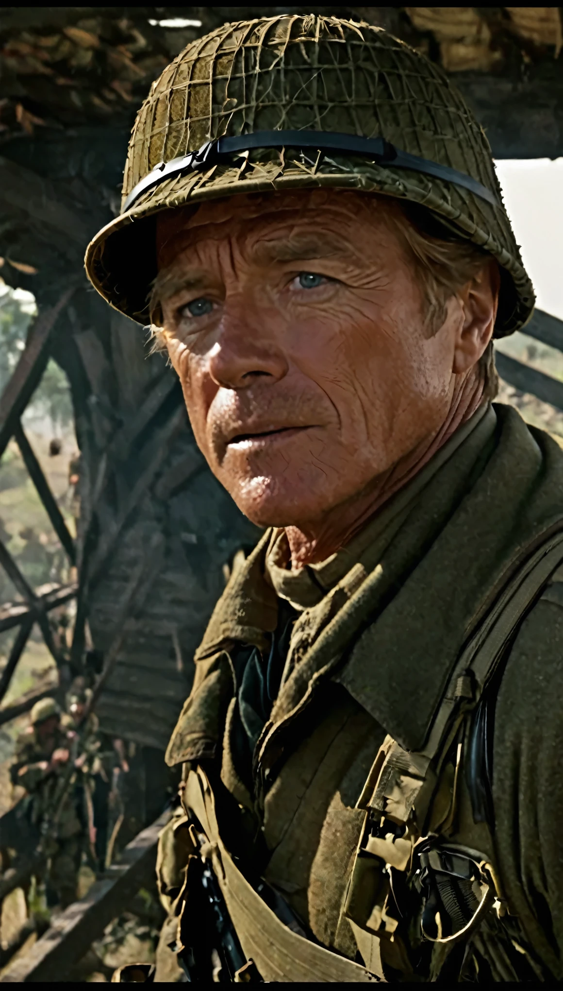 with high definition imageovie「A Bridge Too Far」So、Robert Redford plays Lieutenant Colonel Cook of the 82nd Airborne Division of the US Army.、exposed to heavy enemy fire、In one scene, he orders his troops to storm a strategically important bridge.。This unique scene、Captured beautifully in high resolution with a Canon EOS R5 camera set to 8K.、芸術的なmovie制作の傑作としてmovieを紹介しています。The images are super realistic、Full of intricate details、This video is、It showcases dramatic lighting that perfectly accentuates the determined expressions of the soldiers and the tense atmosphere.。Against a background of cold and powerful scenes、The dramatic tone is further emphasized.、movieの記憶に残るシーンとなっています。Robert Redford&#39;s face details