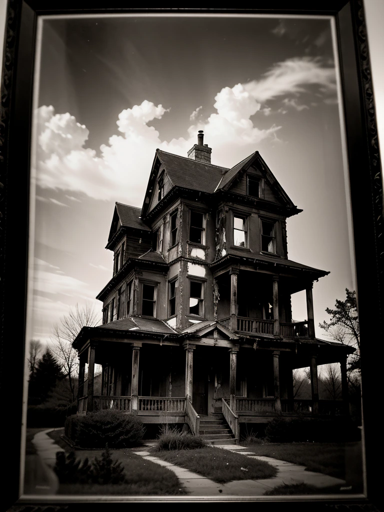 An antique, black-and-white photo, slightly blurred, showing a angry macabre ghost, full-bodied, haunting a spooky derelict house in a nighttime forest.