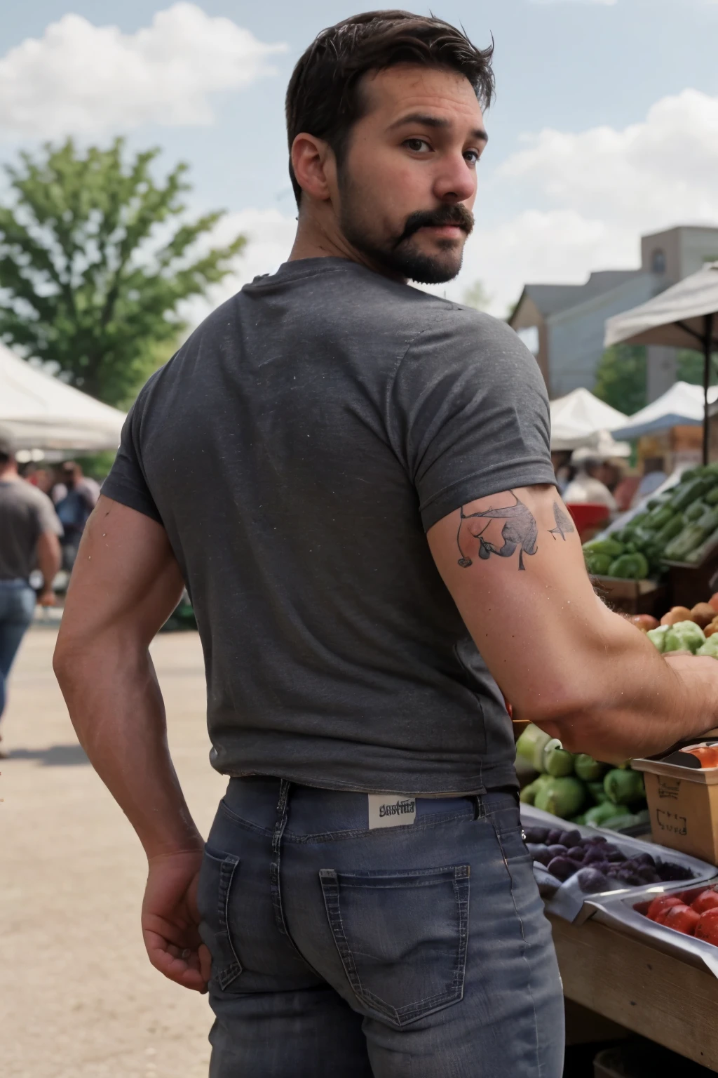 JordanBrandt, 45yo, short mustache and beard, wearing a t-shirt and gray jeans, at the farmers market, backside