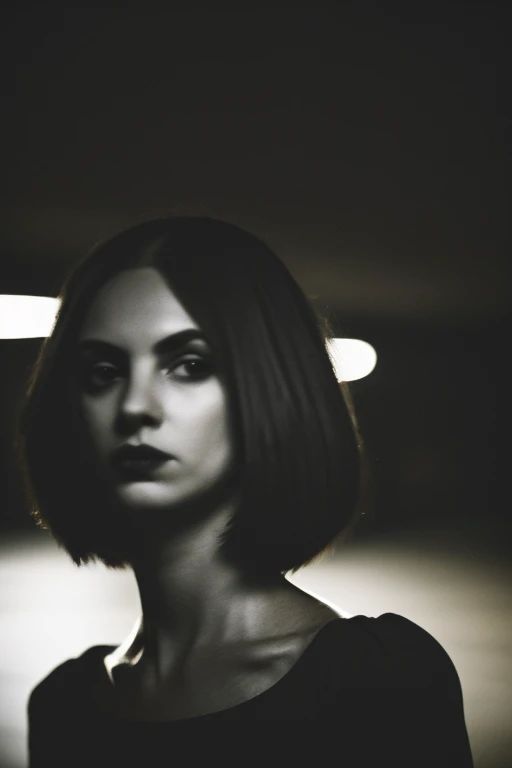 woman in a dark and morbid photo in the style of Matt Mahurin, shallow depth of field, photography style, bokeh, realism, good proportions
