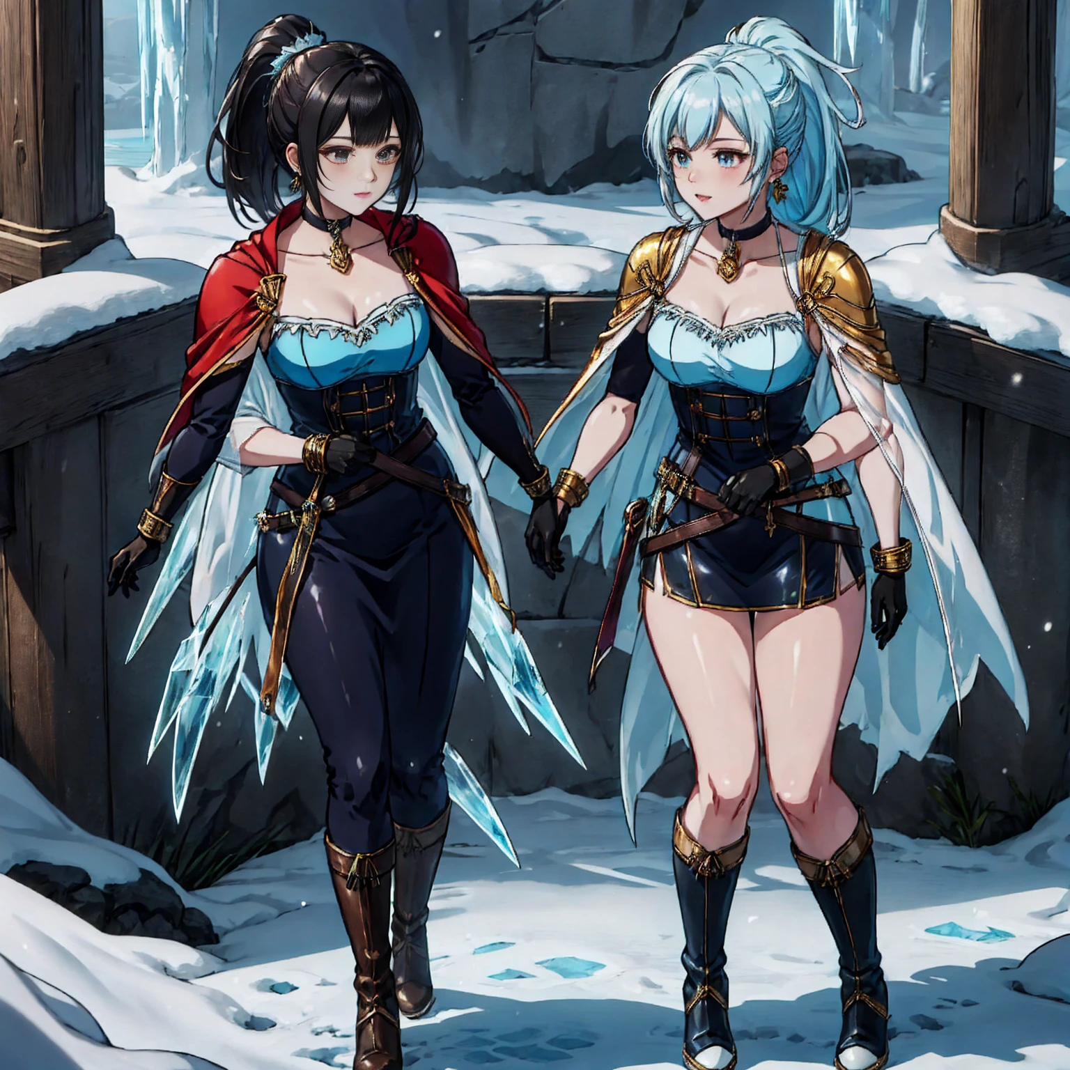 snowman, BREAK, frostracetech, cryogenic, ice, snow, snowflakes, BREAK, pkmnClair, ponytail, earrings, choker, cape, blue bodysuit, blue gloves, blue boots, golden bracelet, BREAK, masterpiece, best quality, extremely detailed, highly quality, 4k, sharp focus, professional, sharp focus, award winning, cinematic lighting, octane render, unreal engine, volumetric wallpaper