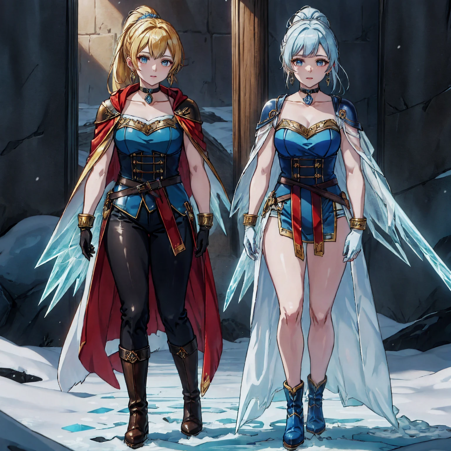 snowman, BREAK, frostracetech, cryogenic, ice, snow, snowflakes, BREAK, pkmnClair, ponytail, earrings, choker, cape, blue bodysuit, blue gloves, blue boots, golden bracelet, BREAK, masterpiece, best quality, extremely detailed, highly quality, 4k, sharp focus, professional, sharp focus, award winning, cinematic lighting, octane render, unreal engine, volumetric wallpaper