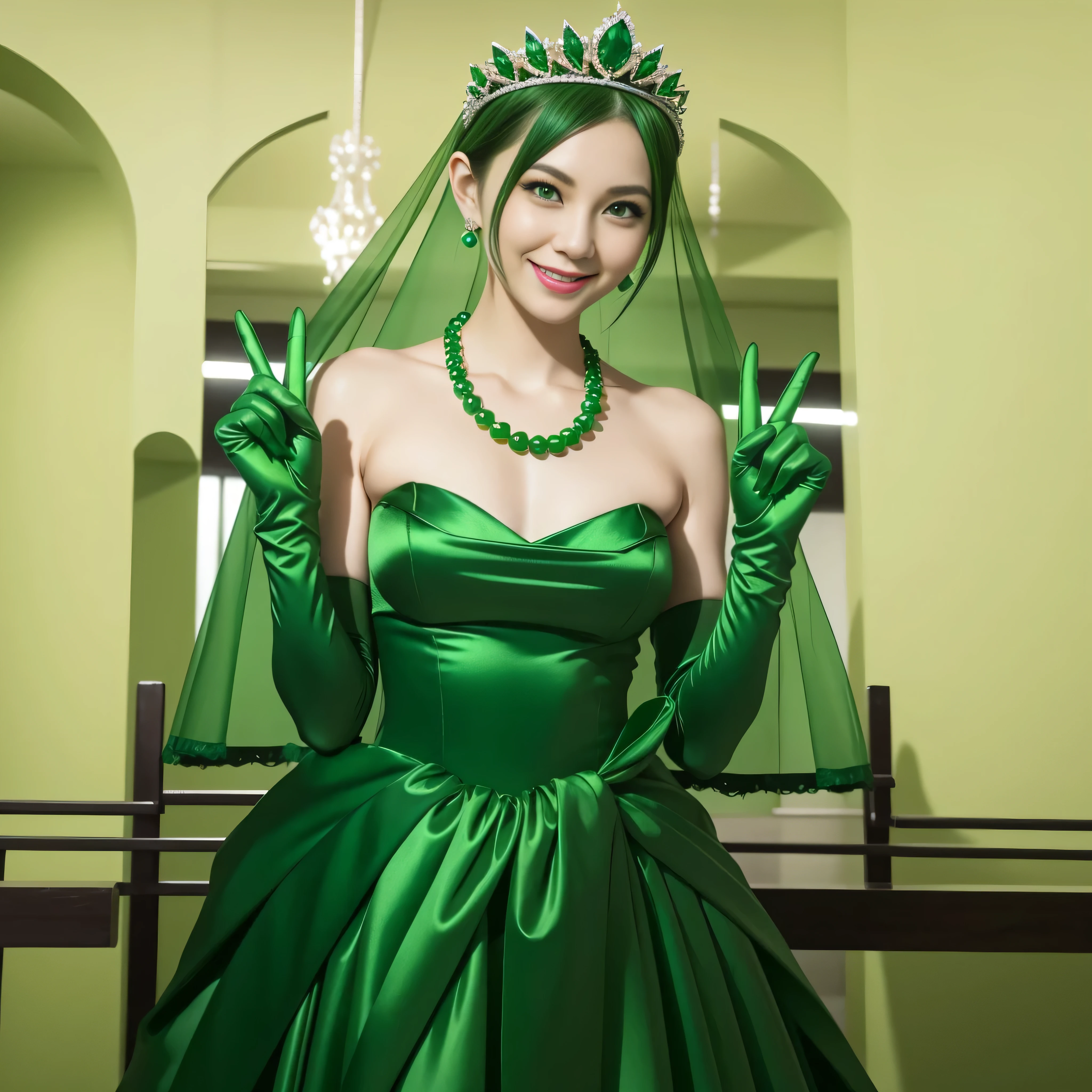 Emerald tiara, Green Pearl Necklace, Boyish very short green hair, lipstick, Smiling Japanese woman, Very short hair, Big and beautiful, Green Eyes, Long green satin gloves, Green Eyes, v sign, Emerald Earrings, Green veil
