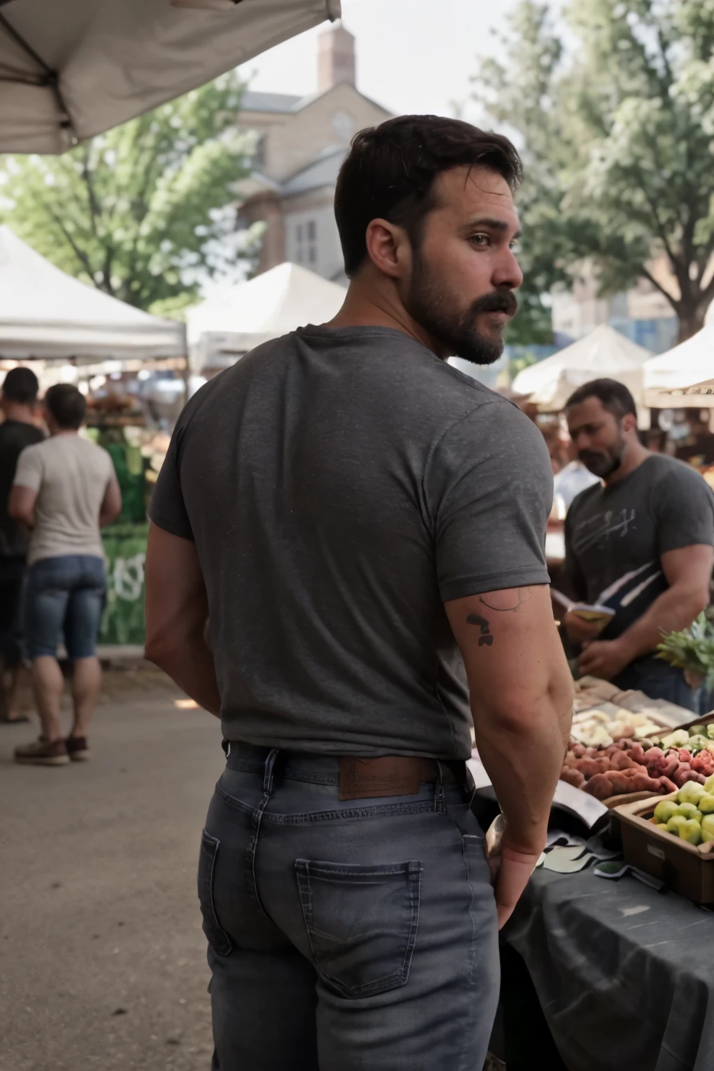 JordanBrandt, 45yo, short mustache and beard, wearing a t-shirt and gray jeans, at the farmers market, backside 