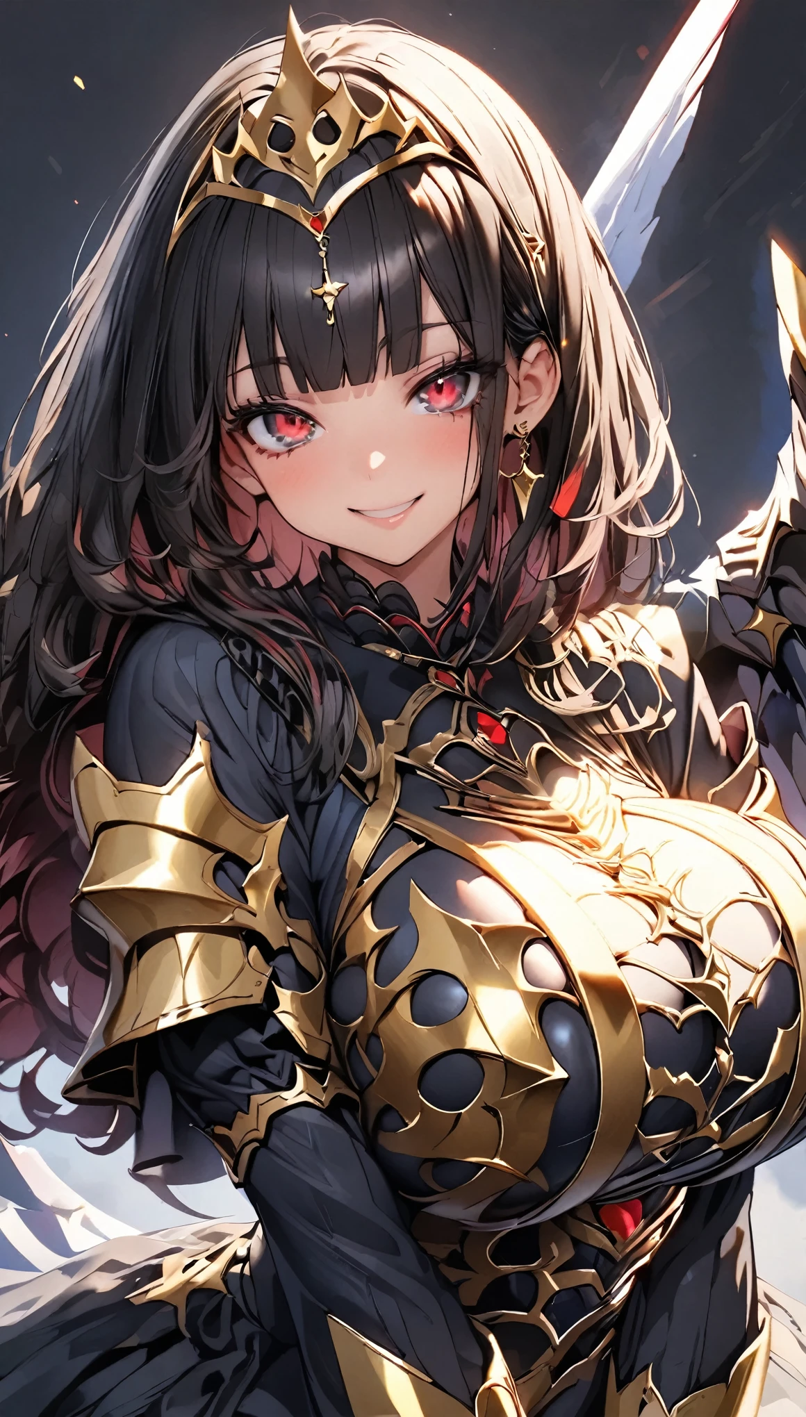 masterpiece, best quality, extremely detailed, high resolution, Japanese anime,1girl, black hair, (short length hair:1.4), (blunt bangs:1.5), side braid hair, wavy hair, curl outward hair, (huge breast:1.8), (mechanical horn:1.5), mechanical wing, (red eyes:1.5), (beautiful detailed eyes:1.4), laugh, wink, 130cm tall, original character, fantasy, (black background:1.2), dy, beautiful fingers, standing, (Blue gold lace frill Gothic armor dress:1.5), (tiara:1.5) , sho ot from front, looking at viewer
