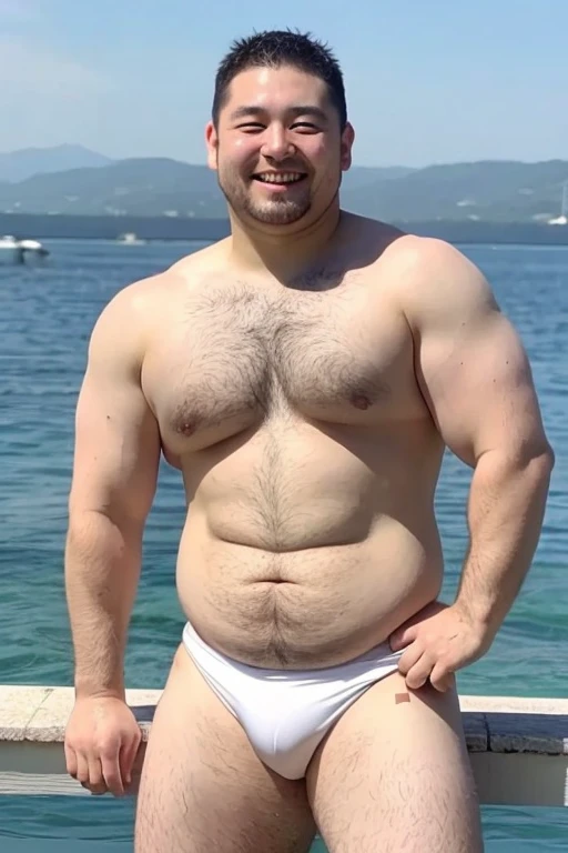 ((highest quality)), ((masterpiece)), (detailed), Perfect Face、Shaved head、Young Japanese、Muscular、Fat body、Big guy、smile、white small swimsuit、Emphasize the chest、Thick legs、Thick arms