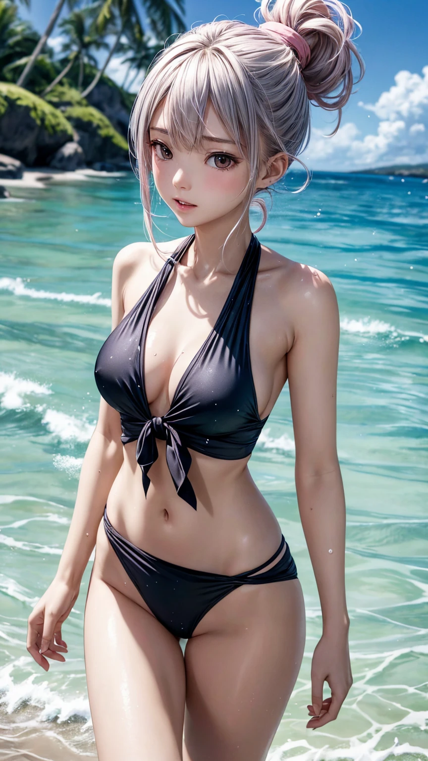 8K quality、High definition、Particles of light（0.5）、High definitionの瞳、Model Body Type、、slender、Swimwear、Pink pareo tied around the waist、Gray hair up ponytail、play in the water at the beach、water droplets、