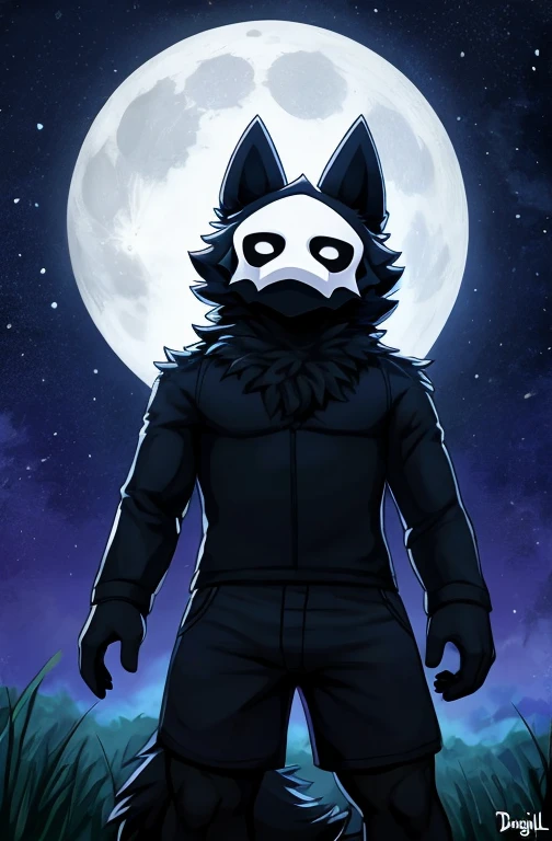 , ((( ditigal art style puro))) , cartoon, A furry character wolf , wearing black shorts, detailed, uploaded to e621, beautiful and detailed portrait of an anthropomorphic , (((male))) uploaded to e621, zaush, foxovh, movie lighting, , thicc, alone, outdoors, outside in a field the moon, bright large moon, puro