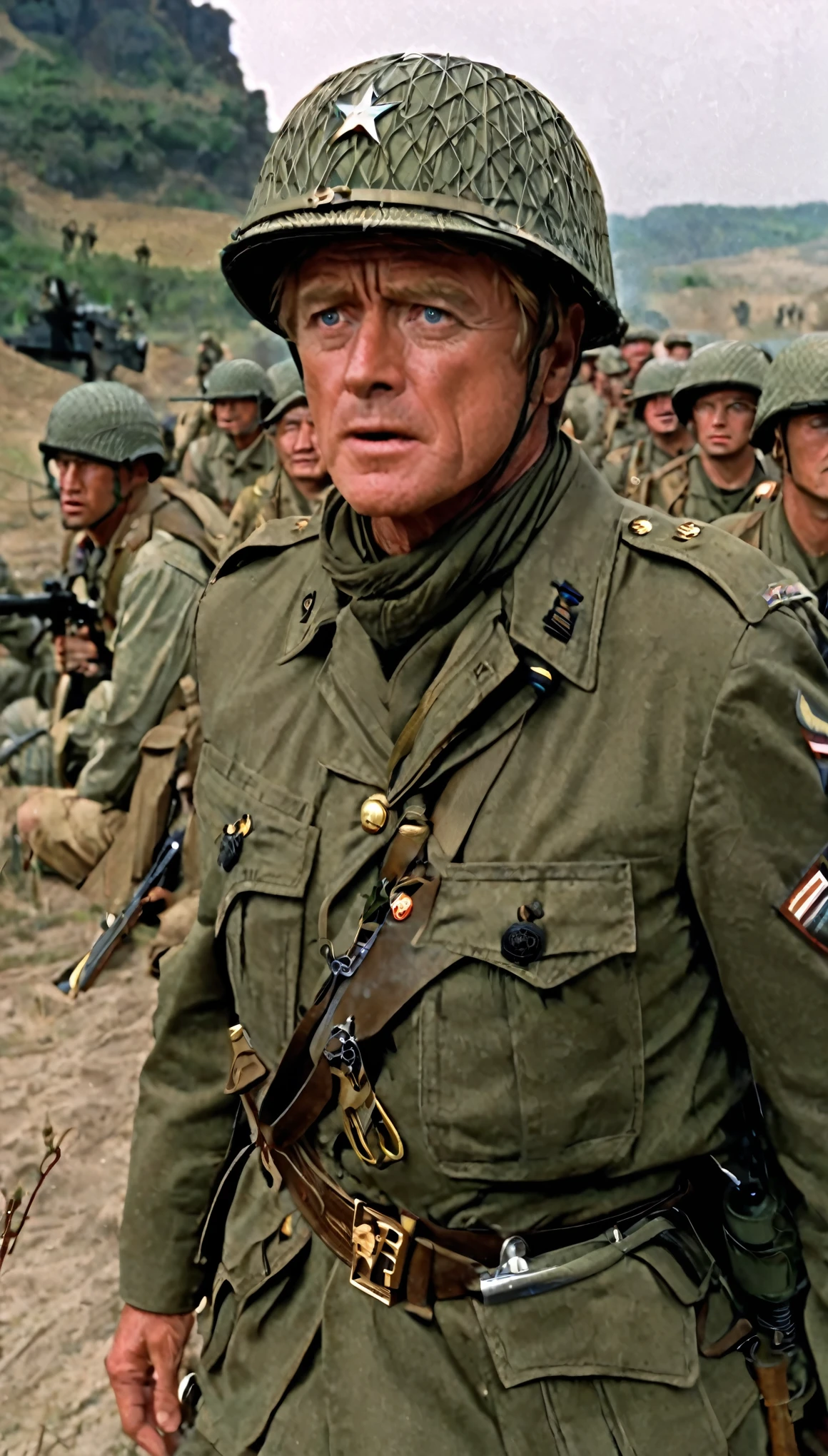 with high definition imageovie「A Bridge Too Far」So、Robert Redford plays Lieutenant Colonel Cook of the 82nd Airborne Division of the US Army.、exposed to heavy enemy fire、In one scene, he orders his troops to storm a strategically important bridge.。This unique scene、Captured beautifully in high resolution with a Canon EOS R5 camera set to 8K.、芸術的なmovie制作の傑作としてmovieを紹介しています。The images are super realistic、Full of intricate details、This video is、It showcases dramatic lighting that perfectly accentuates the determined expressions of the soldiers and the tense atmosphere.。Against a background of cold and powerful scenes、The dramatic tone is further emphasized.、movieの記憶に残るシーンとなっています。Robert Redford&#39;s face details