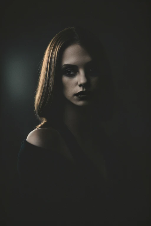 woman in a dark and morbid photo in the style of Matt Mahurin, shallow depth of field, photography style, bokeh, realism, good proportions
