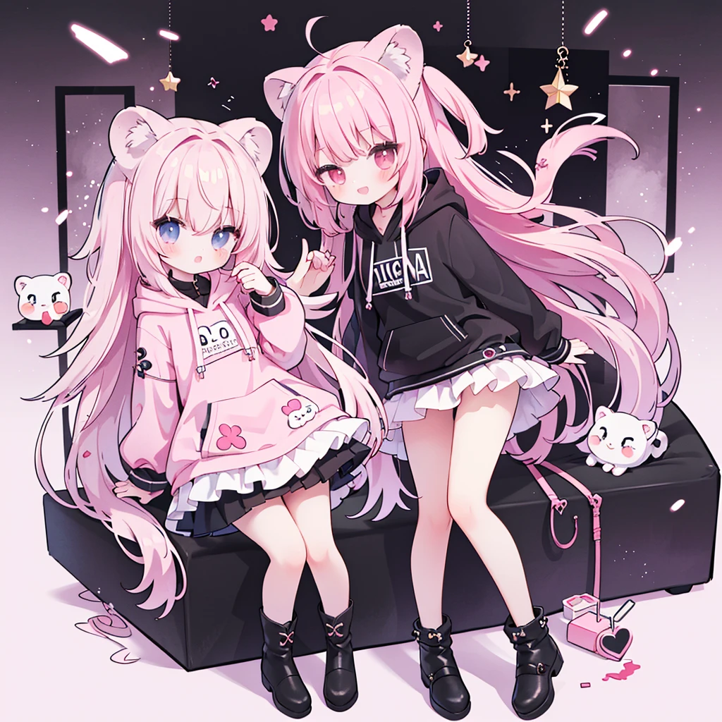 (​masterpiece、top-quality、hightquality)、full body of a young girl、One Little Girl、Long pink hair、Tied hair、Fluffy、Black short skirt、Mafia Girls、full body Esbian、Fluffy atmosphere、Leather boots、Pure white background、smil、Active、lion motif hoodie、