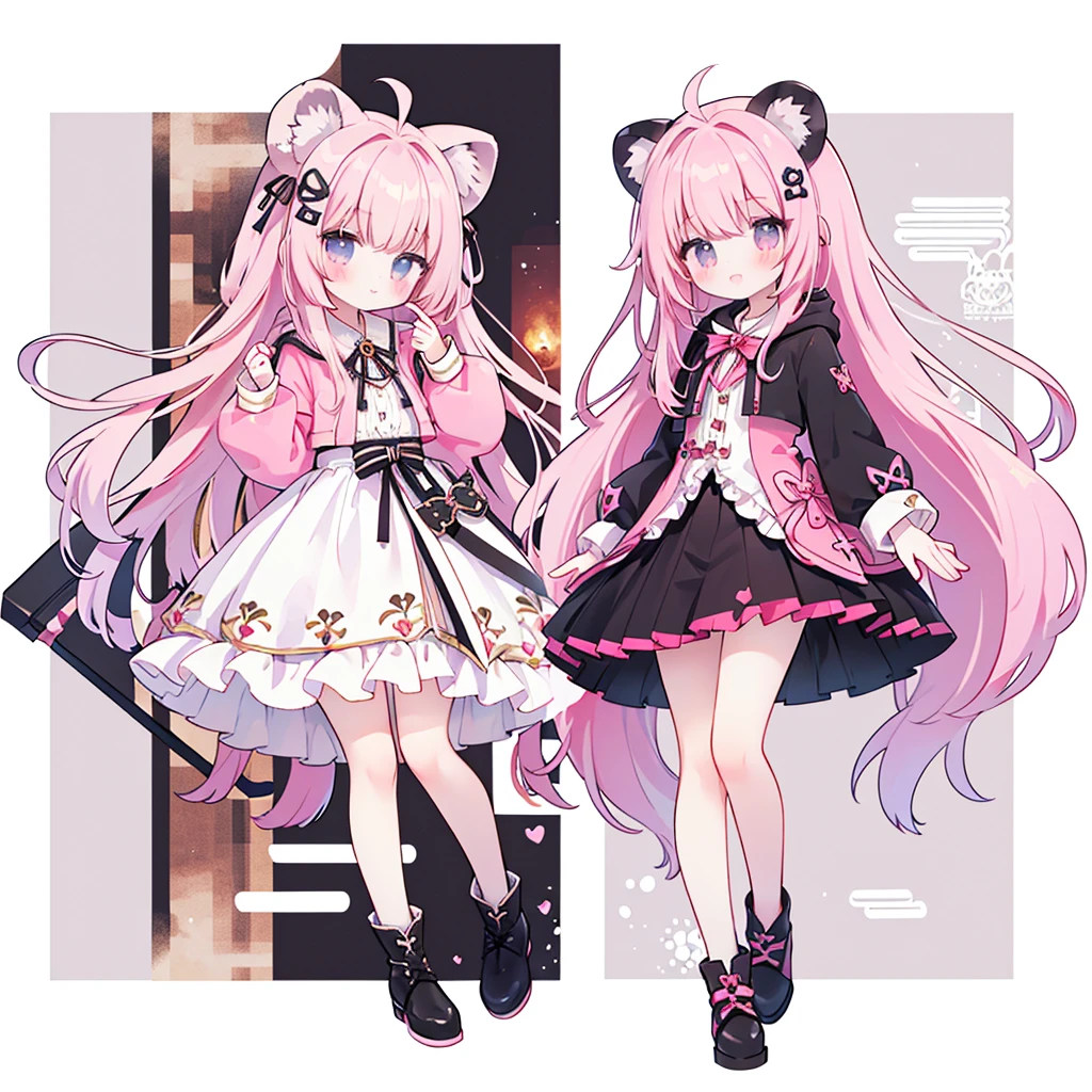 (masterpiece、top-quality、hightquality)、full body of a young girl、One Little Girl、Long pink hair、Tied hair、Fluffy、Black short skirt、Mafia Girls、full body Esbian、Fluffy atmosphere、Leather boots、Pure white background、smil、Active、lion motif hoodie、