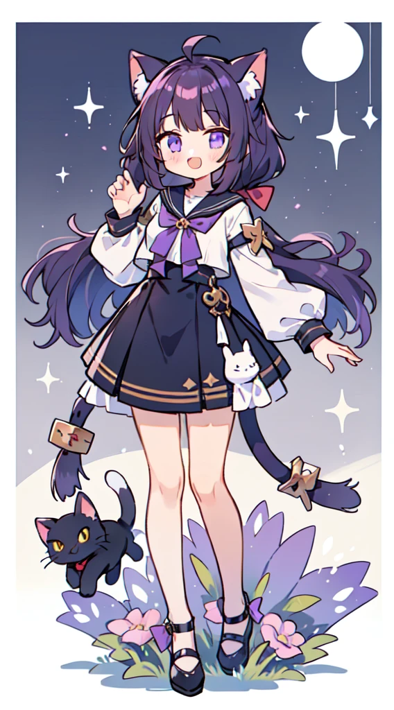 1 girl in、((full body Esbian、Standing picture:1.2)), top-quality、masutepiece、Purple hair, Longhaire, ((Two knots)), Cat's ears、Black sailor suit、Purple Ribbon、A smile、Cat Pose、A smile that opens its mouth a little、white backgrounid