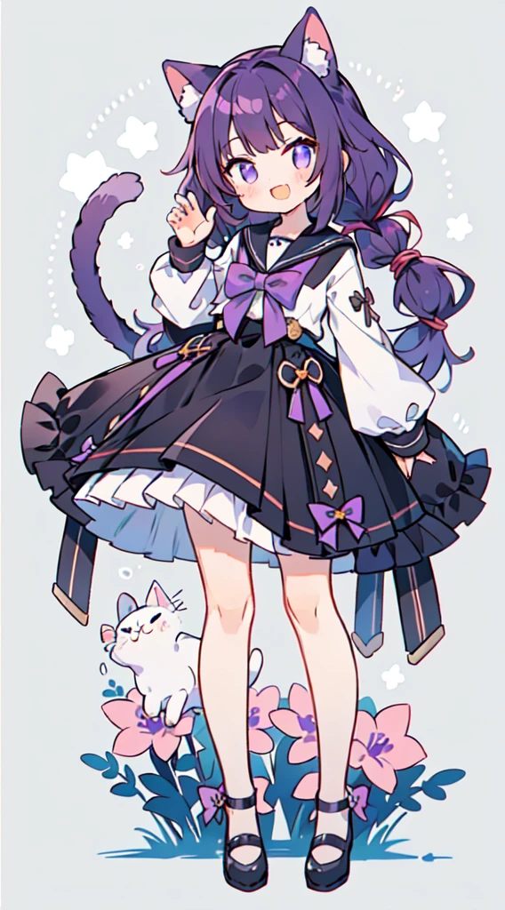 1 girl in、((full body Esbian、Standing picture:1.2)), top-quality、masutepiece、Purple hair, Longhaire, ((Two knots)), Cat's ears、Black sailor suit、Purple Ribbon、A smile、Cat Pose、A smile that opens its mouth a little、white backgrounid