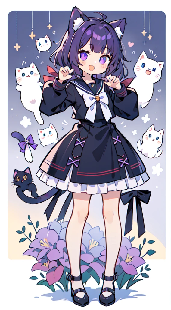 1 girl in、((full body Esbian、Standing picture:1.2)), top-quality、masutepiece、Purple hair, Longhaire, ((Two knots)), Cat's ears、Black sailor suit、Purple Ribbon、A smile、Cat Pose、A smile that opens its mouth a little、white backgrounid