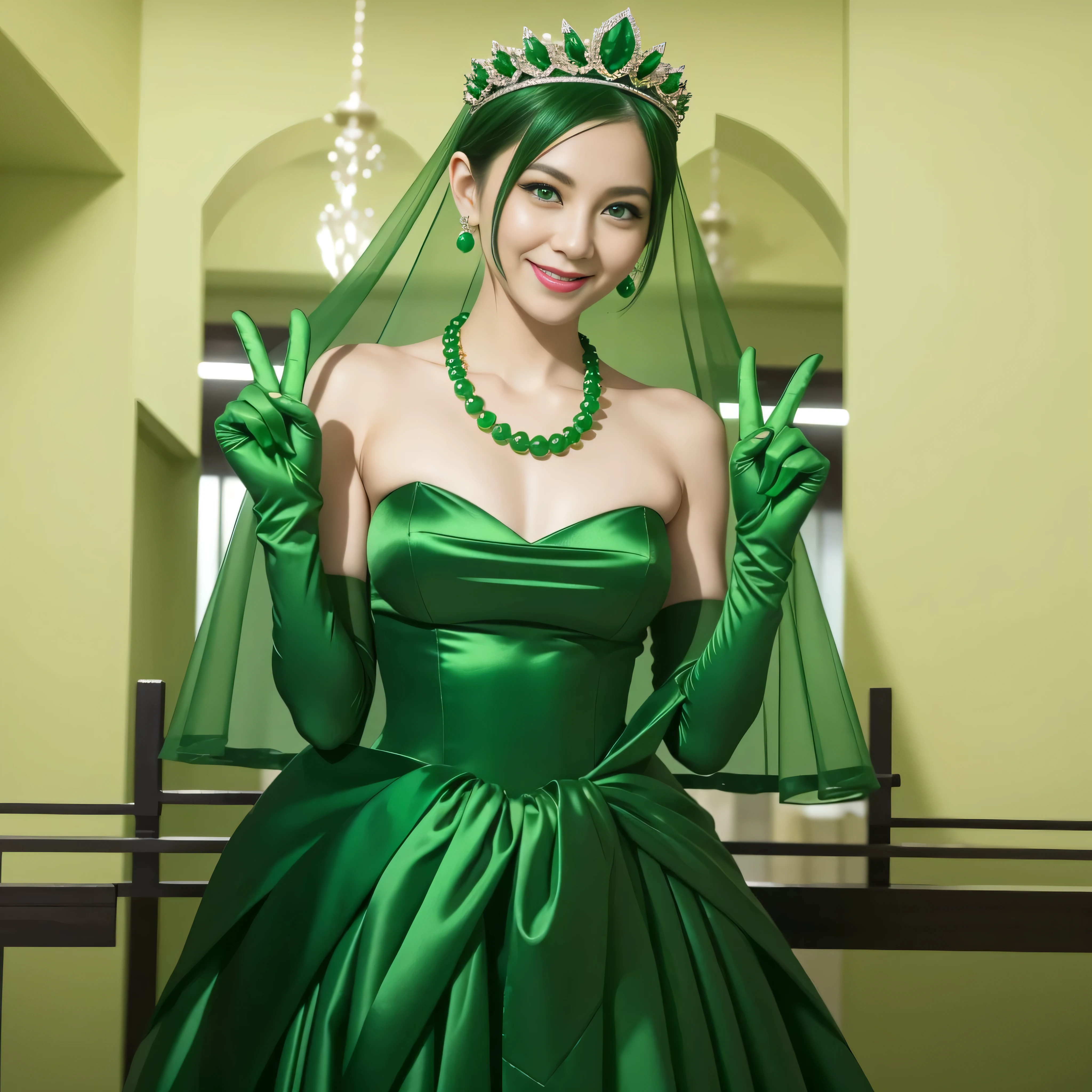 Emerald tiara, Green Pearl Necklace, Boyish very short green hair, lipstick, Smiling Japanese woman, Very short hair, Big and beautiful, Green Eyes, Long green satin gloves, Green Eyes, v sign, Emerald Earrings, Green veil
