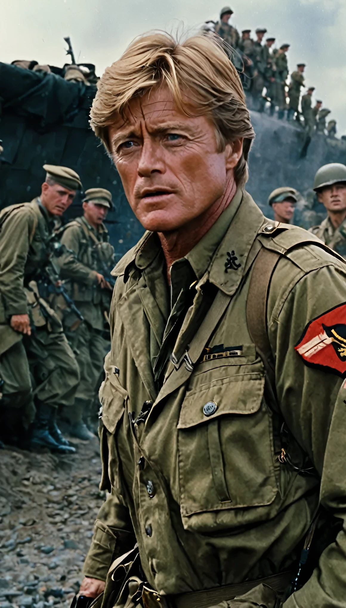 with high definition imageovie「A Bridge Too Far」So、Robert Redford plays Lieutenant Colonel Cook of the 82nd Airborne Division of the US Army.、exposed to heavy enemy fire、In one scene, he orders his troops to storm a strategically important bridge.。This unique scene、Captured beautifully in high resolution with a Canon EOS R5 camera set to 8K.、芸術的なmovie制作の傑作としてmovieを紹介しています。The images are super realistic、Full of intricate details、This video is、It showcases dramatic lighting that perfectly accentuates the determined expressions of the soldiers and the tense atmosphere.。Against a background of cold and powerful scenes、The dramatic tone is further emphasized.、movieの記憶に残るシーンとなっています。Robert Redford&#39;s face details