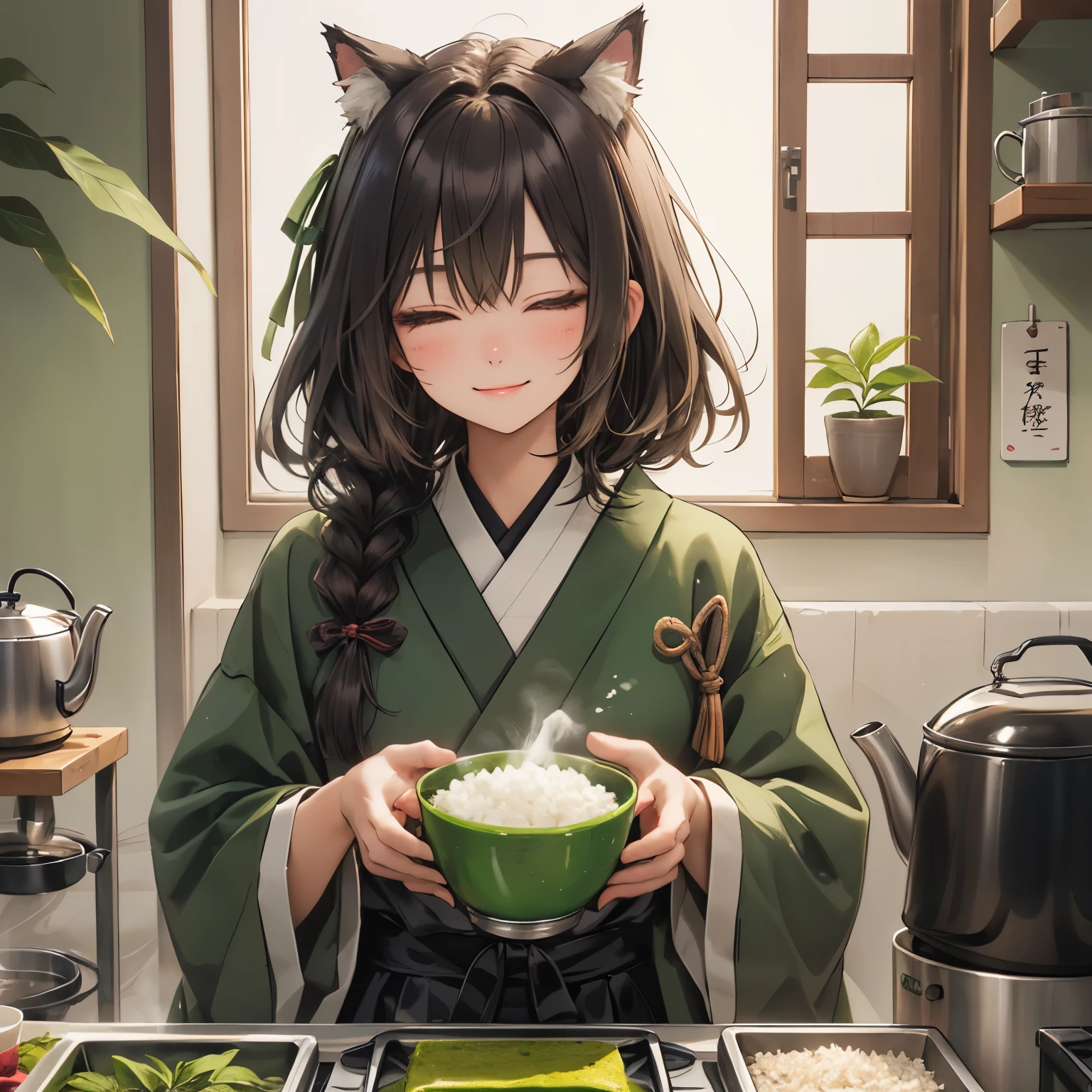 Cat ears with a dark matcha green ribbon、Dark matcha brown hair、Dark matcha brown eyes、Dark matcha green clothes、Ochazuke、I close my eyes and smile happily、cooked rice、Kettle、Japanese style