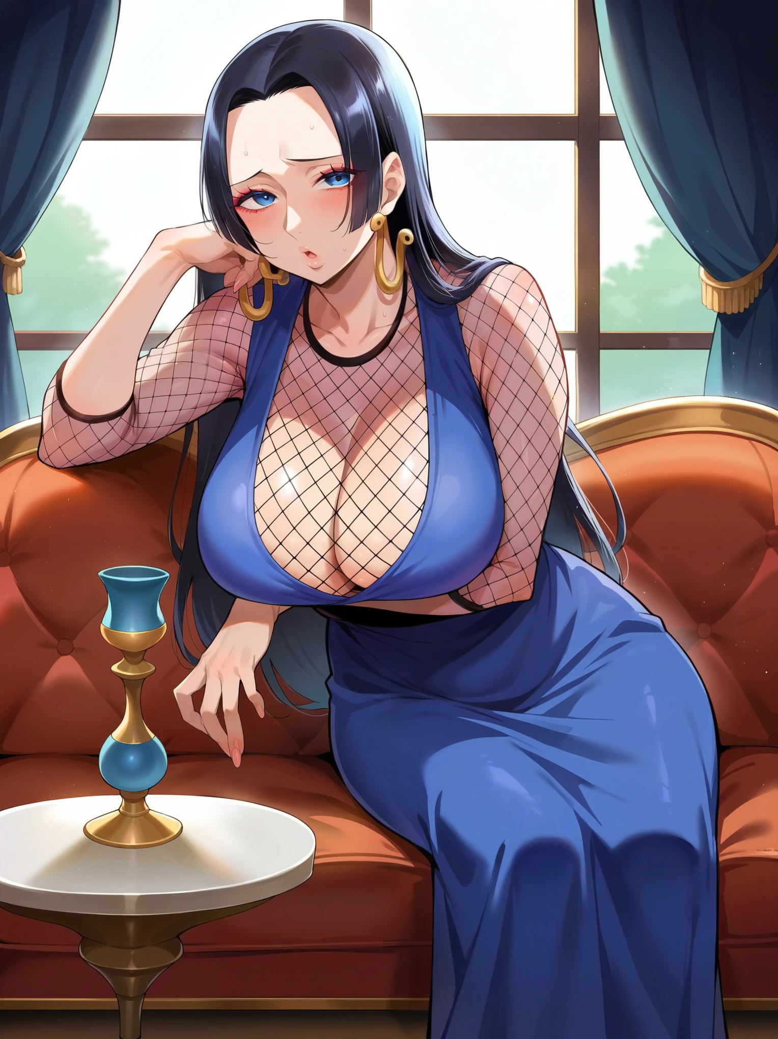 score_9, score_8_up, score_7_up, source_anime, solo, 1girl, blush, shy, looking at viewer, black hair, blue eyes, one piece, indoors, rating:safe, on couch, fancy loveseat, balcony, night, night time, after dark, moonlight, couch, front view, face focus, safe for work, dress, covered, clothes, standing, pants, blue dress, huge breasts, huge thighs, moaning, ecstasy, lewd face, ahegao, spread legs, fishnet clothing, fishnet stocking, boa hancock, mother, milf, ikuchan, ((mature female)), red eyeshadow