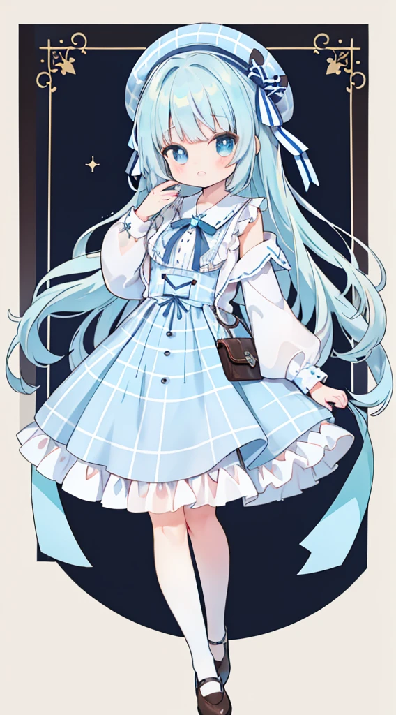 whole body、Standing picture、Light blue hair、Brown beret、Plaid slip dress、Chocolate Mint、Light blue eyes、Light blue shirt、Brown ribbon、Cute little、masterpiece、Top quality、Top image quality