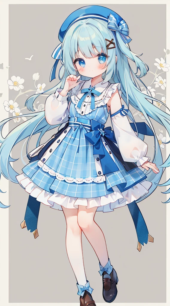 whole body、Standing picture、Light blue hair、Brown beret、Plaid slip dress、Chocolate Mint、Light blue eyes、Light blue shirt、Brown ribbon、Cute little、masterpiece、Top quality、Top image quality