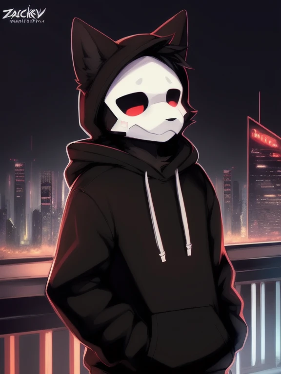 by zackary911, (coffeesoda:1.1), hioshiru, zackary911, puro, anthro, male, solo, clothing, fur, 2022, black clothing, hoodie, black topwear, lidded eyes, black hoodie, cyberpunk city background,
