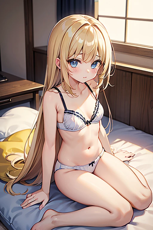 masterpiece, highest quality, High resolution, 、blue eyes、
blonde, Braiding、Long Hair、White bra、White panties、Japanese-style room、futon、Sitting cross-legged、Stand up straight