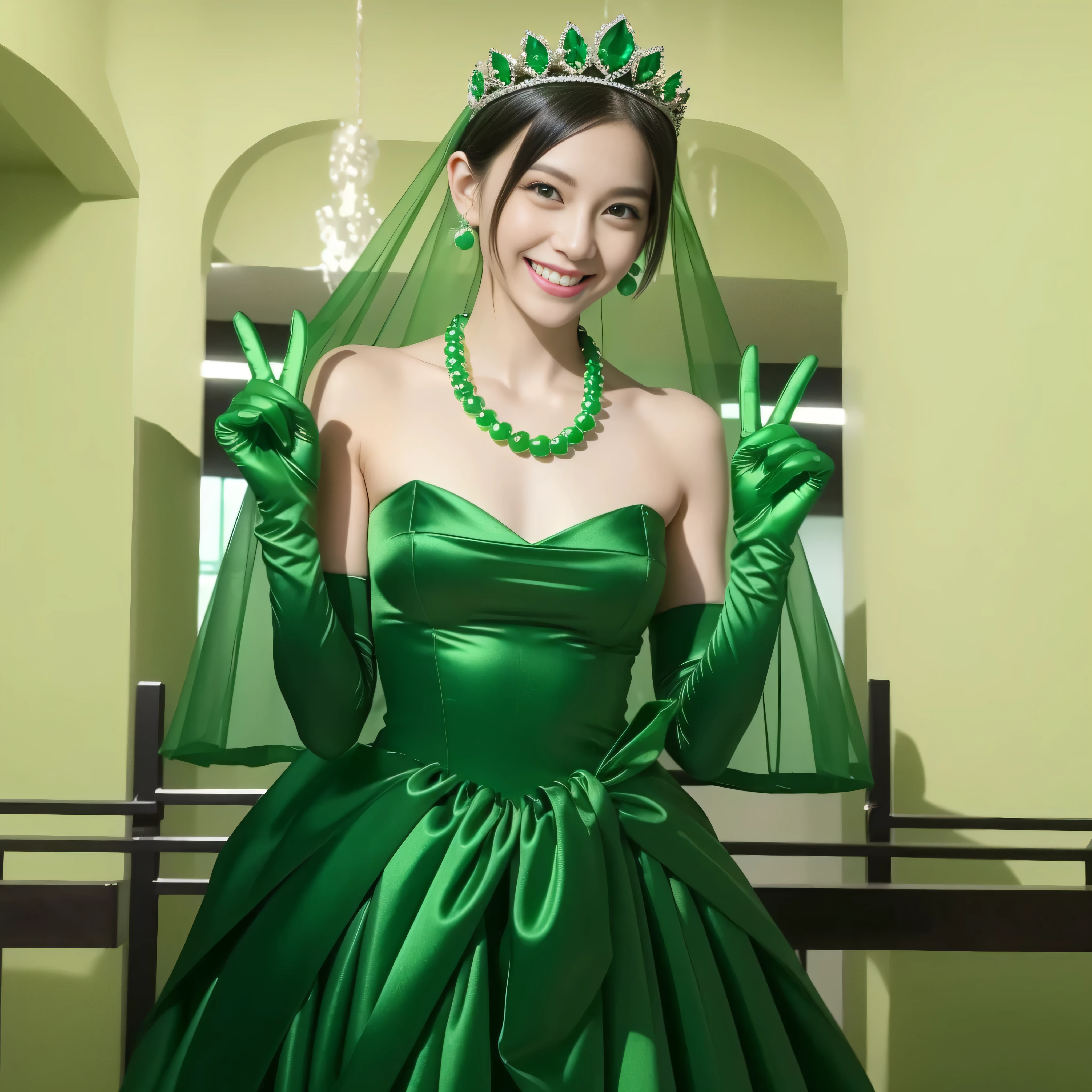 Emerald tiara, Green Pearl Necklace, Boyish very short green hair, lipstick, Smiling Japanese woman, Very short hair, Big and beautiful, Green Eyes, Long green satin gloves, Green Eyes, v sign, Emerald Earrings, Green veil