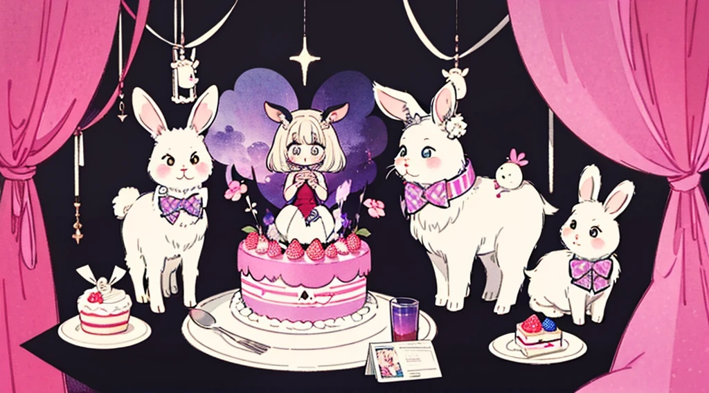 official art, unity 8k wallpaper, ultra detailed, beautiful and aesthetic, High quality, beautiful, masterpiece, best quality, (zentangle, mandala, tangle, entangle:0.6), flat color, limited palette, low contrast, a cute girl serving cake to demons, pink, bright pastel colors, kawaii, (horror), eerie, rabbit skull, goat skull, in hell, creepy, demons, claws, best lighting