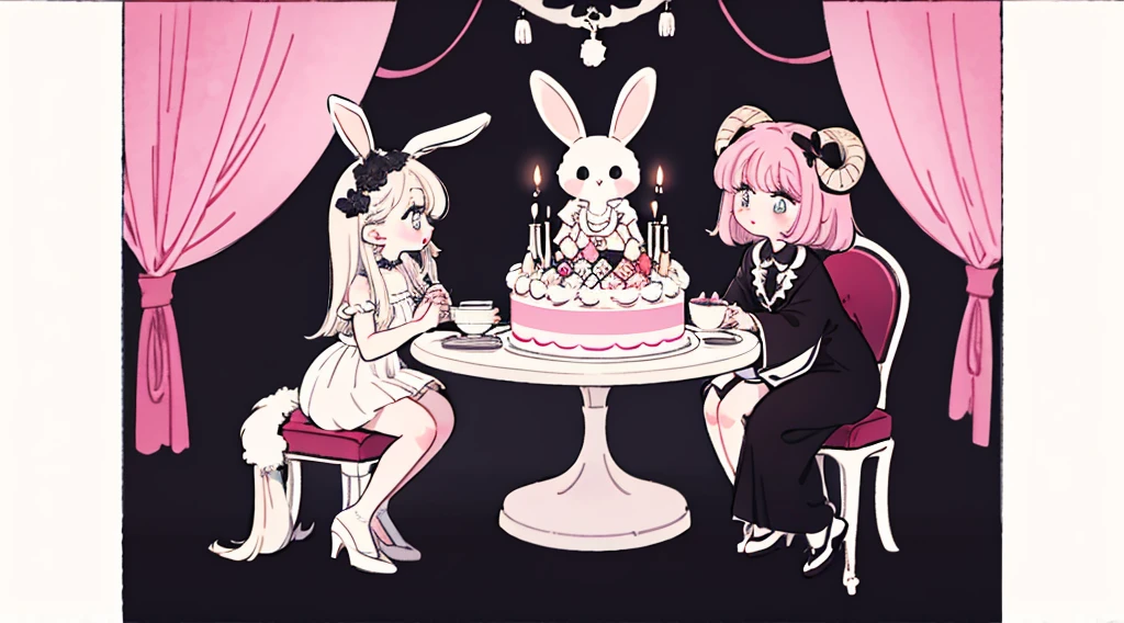 official art, unity 8k wallpaper, ultra detailed, beautiful and aesthetic, High quality, beautiful, masterpiece, best quality, (zentangle, mandala, tangle, entangle:0.6), flat color, limited palette, low contrast, a cute girl serving cake to demons, pink, bright pastel colors, kawaii, (horror), eerie, rabbit skull, goat skull, in hell, creepy, demons, claws, best lighting