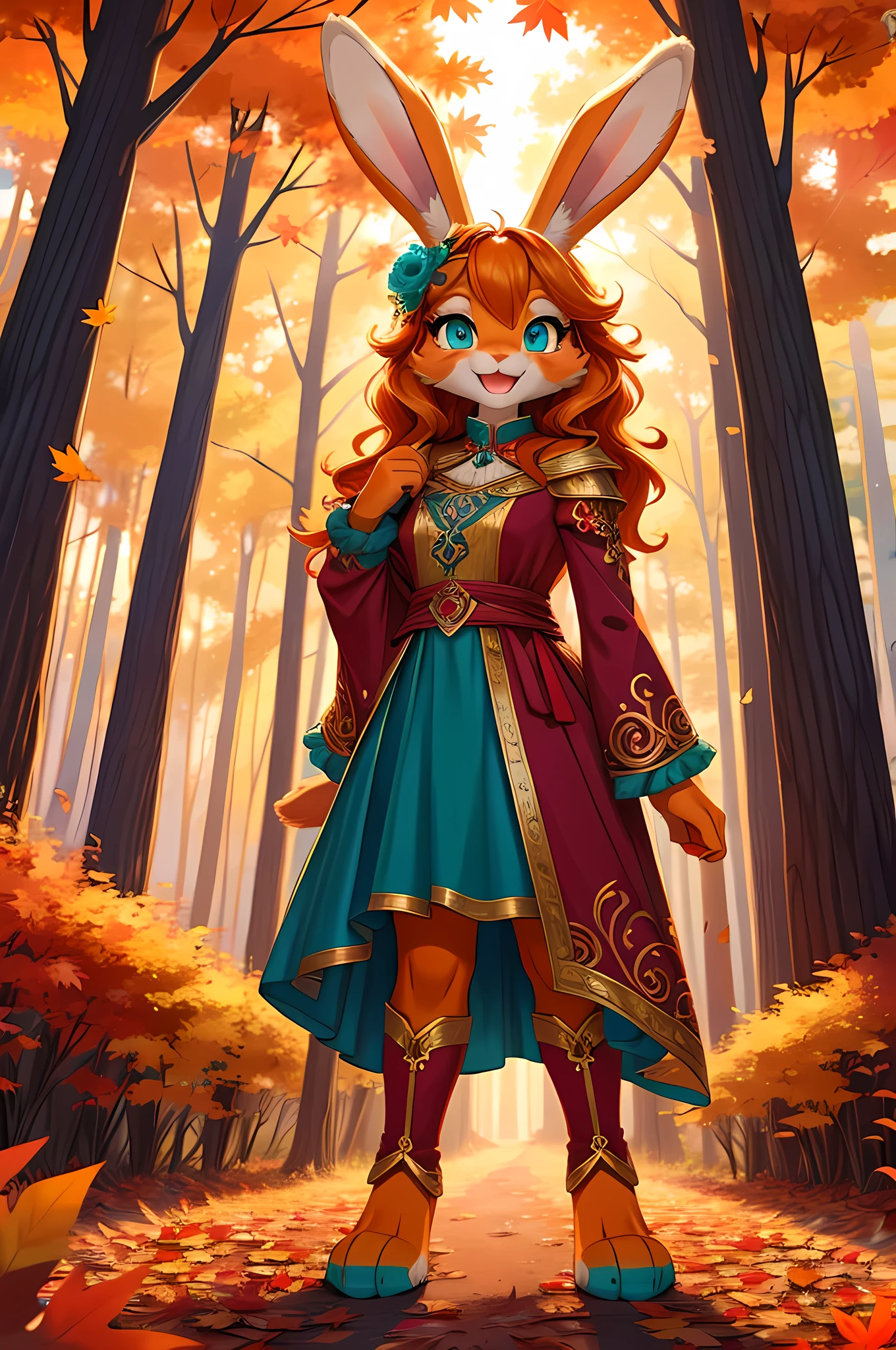 bright colors, fantasy style art, looking at viewer, facing viewer, beautiful anthropomorphic female bunny, mature and young, tall character, 5 feet 11 inches tall, fluffy bunny fur, furry fluffy skin, bunny paws, bunny feet, teal eyes, orange fur, orange skin, orange bunny paws, orange bunny feet, long wavy bright orange hair, shapely body, skinny body, healthy body, purple and red warrior outfit, ornate red clothes, fancy purple patterns and symbols, 2 red dress coattails hanging down her sides, long draping red sleeves, poofy rabbit tail, standing in a lush fantasy forest, green and orange and red and yellow trees, in the fall, beautiful fall forest, autumn, thick forest, sunlight coming through the trees, smiling happily, excited expression, wide eyes, large smile open mouth, high quality digital art, 2k, professional illustration, highly detailed