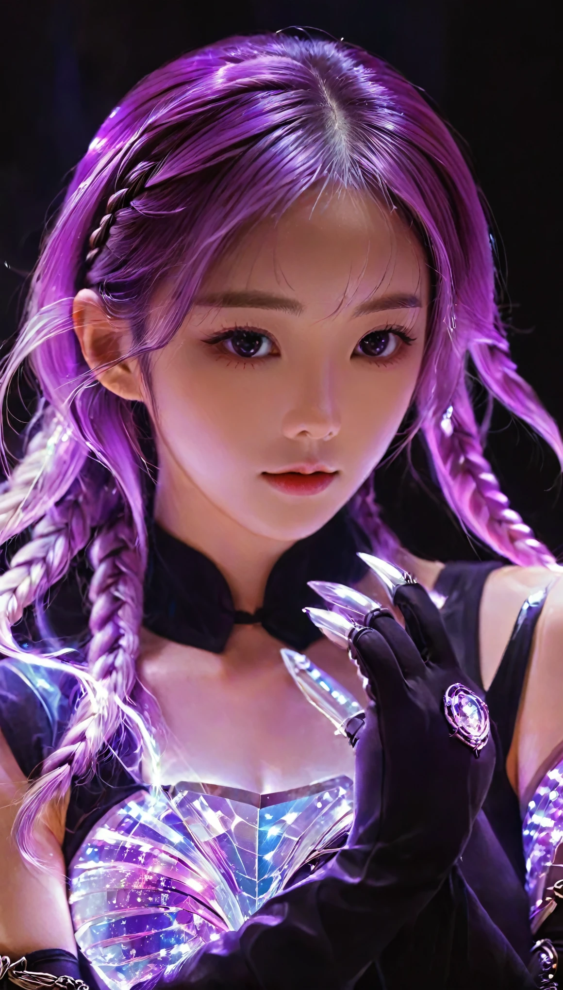 1girl,beautiful, yinji , anatomical correct:2, twin braids, purple hair,hair ornament:2, gloves, ahoge:2,low-tied very long hair, blingbling,Motion blurred,triangle,Movie-level lighting effects,close up,detailed face,purple light