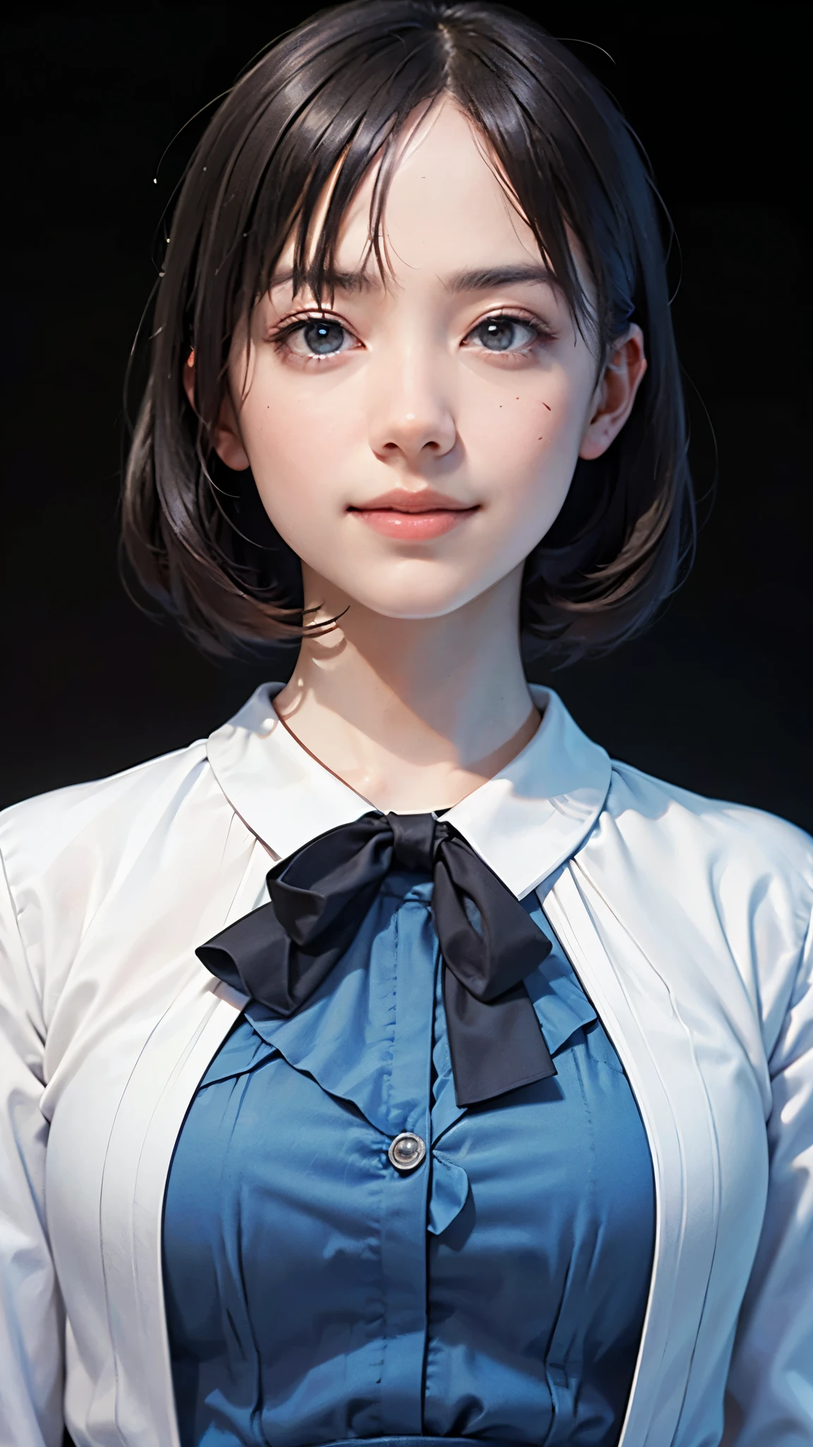 "(highest quality,8k,High resolution,masterpiece:1.2),Very detailed,(Realistic,photoRealistic,photo-Realistic:1.37),(Realistic:1.37),One beautiful woman、short hair,Deep black eyes,21 years old,Light Brown Hair,Blue clothes,Blue uniform,Moderate:Oil,Portrait of a Woman,smile,Vibrant colors,Soft lighting,Studio settings,Fine brushwork,White skin,Gentle expression,Subtle highlights,Thin hair bundle,A confident gaze,Classic black and white palette,Dramatic contrast,Bold composition,Mystery hint,Refined elegance,Professional Poses,Graceful posture,Perfect detail,Smooth skin texture,Perfect symmetry,The beauty of film: a mysterious smile,Sublime Art