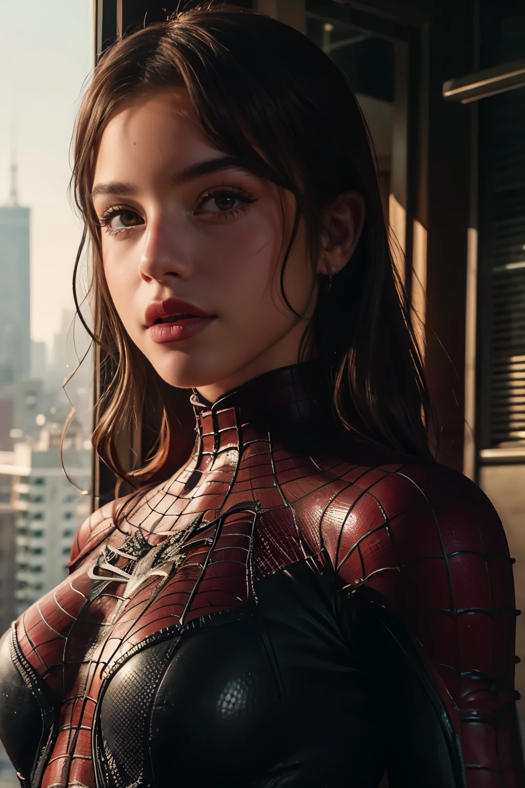 Emilia mernes vestida de spiderman. En un edificio muy alto, 8k
