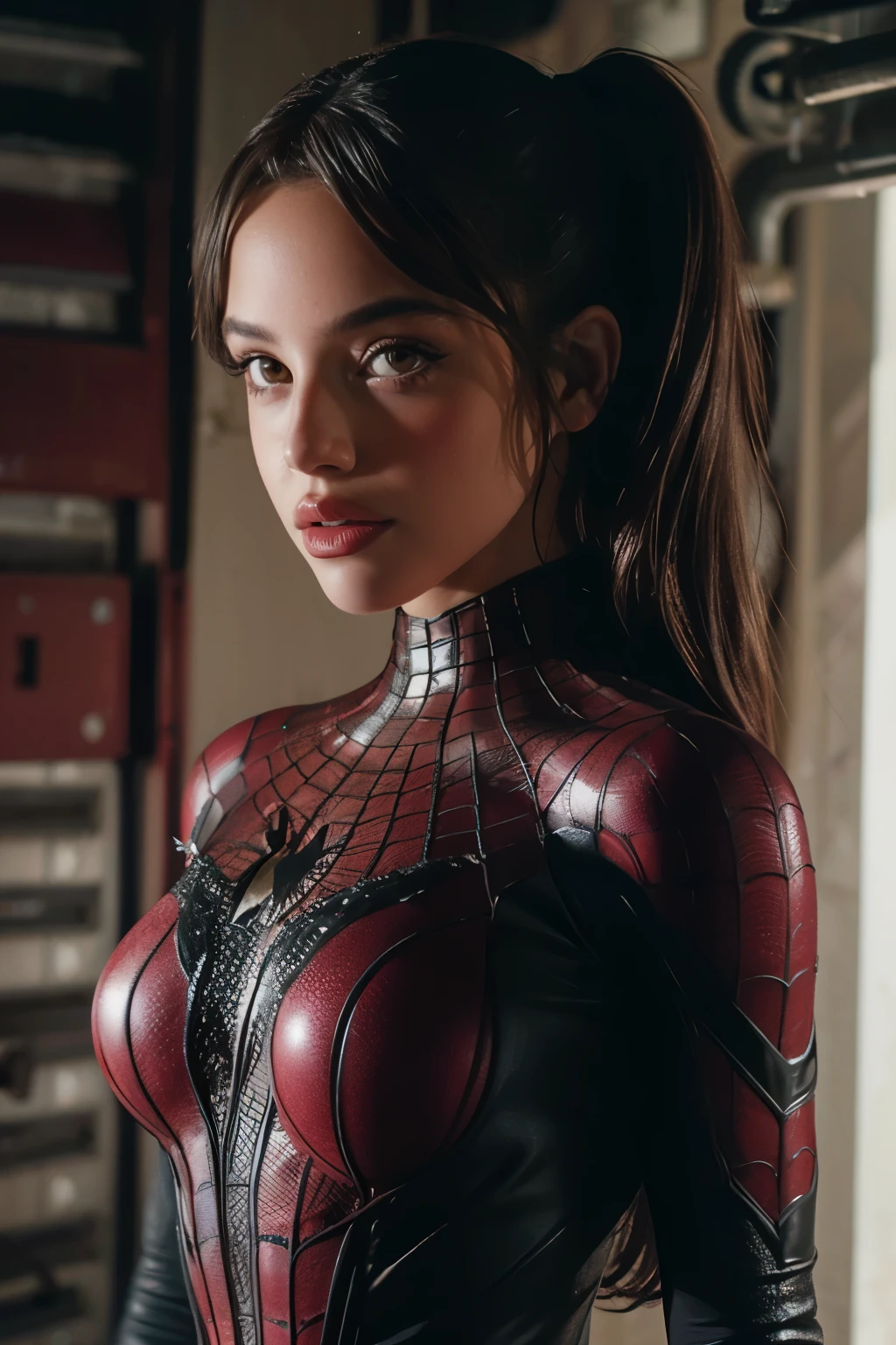 Emilia mernes vestida de spiderman. En un edificio muy alto, 8k
