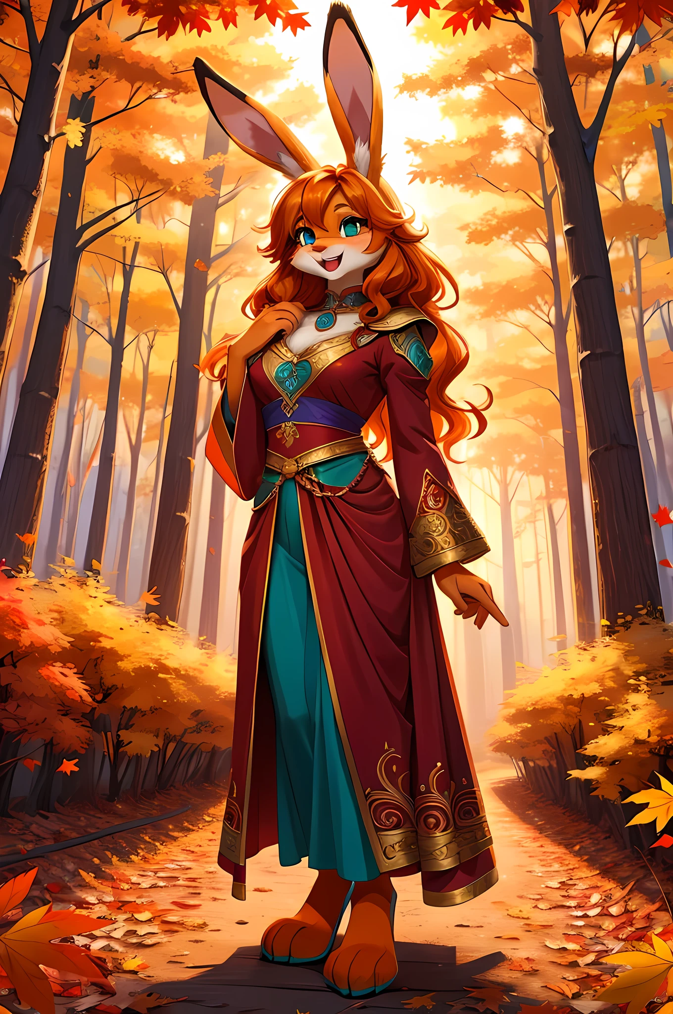 bright colors, fantasy style art, facing viewer, beautiful anthropomorphic female bunny, mature and young, tall character, 5 feet 11 inches tall, fluffy bunny fur, furry fluffy skin, bunny paws, rabbit legs, bunny feet, teal eyes, long pretty eyelashes, orange fur, orange skin, orange bunny paws, orange bunny feet, long wavy bright orange hair, shapely body, skinny body, healthy body, large bust, big chest, skinny waist, small skinny hips, purple and red warrior outfit, ornate red clothes, fancy purple patterns and symbols, 2 red dress coattails hanging down her sides, long draping red sleeves, standing in a lush fantasy forest, green and orange and red and yellow trees, in the fall, beautiful fall forest, autumn, thick forest, sunlight coming through the trees, smiling happily, excited expression, wide eyes, looking around in wonder, large smile open mouth, high quality digital art, 2k, professional illustration, highly detailed