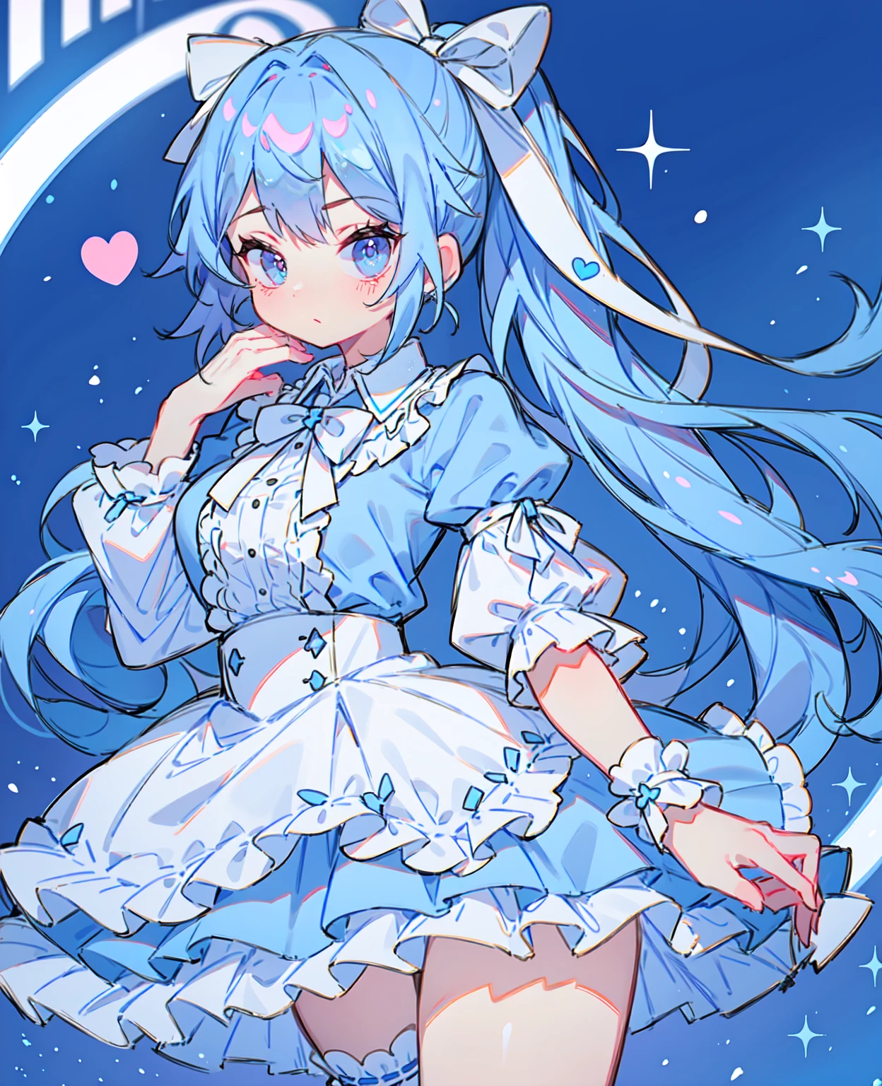 1 girl in, blue hair, Long double ponytail, blue shirt, puffy collar, White fluffy skirt, heart and your hands, White ribbon on hair, Lots of hair accessories, ta prostitute