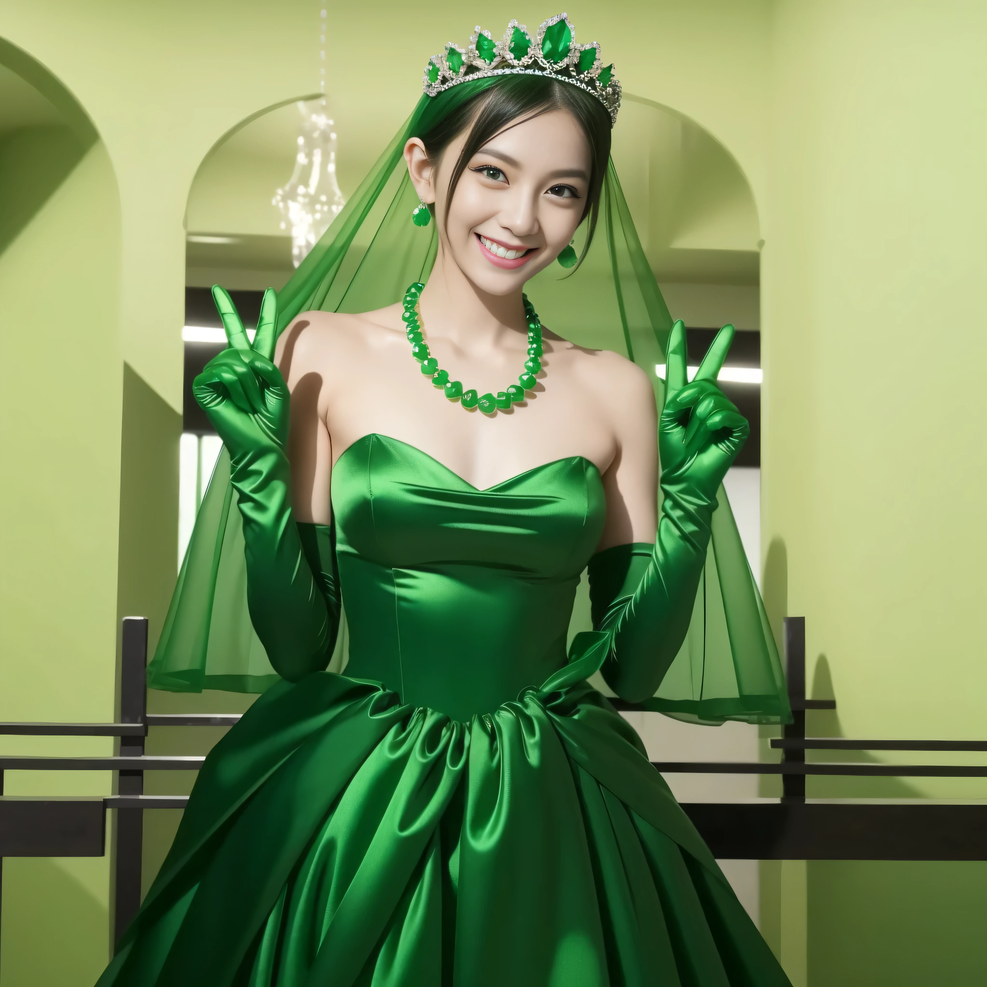 Emerald tiara, Green Pearl Necklace, Boyish very short green hair, lipstick, Smiling Japanese woman, Very short hair, Big and beautiful, Green Eyes, Long green satin gloves, Green Eyes, v sign, Emerald Earrings, Green veil